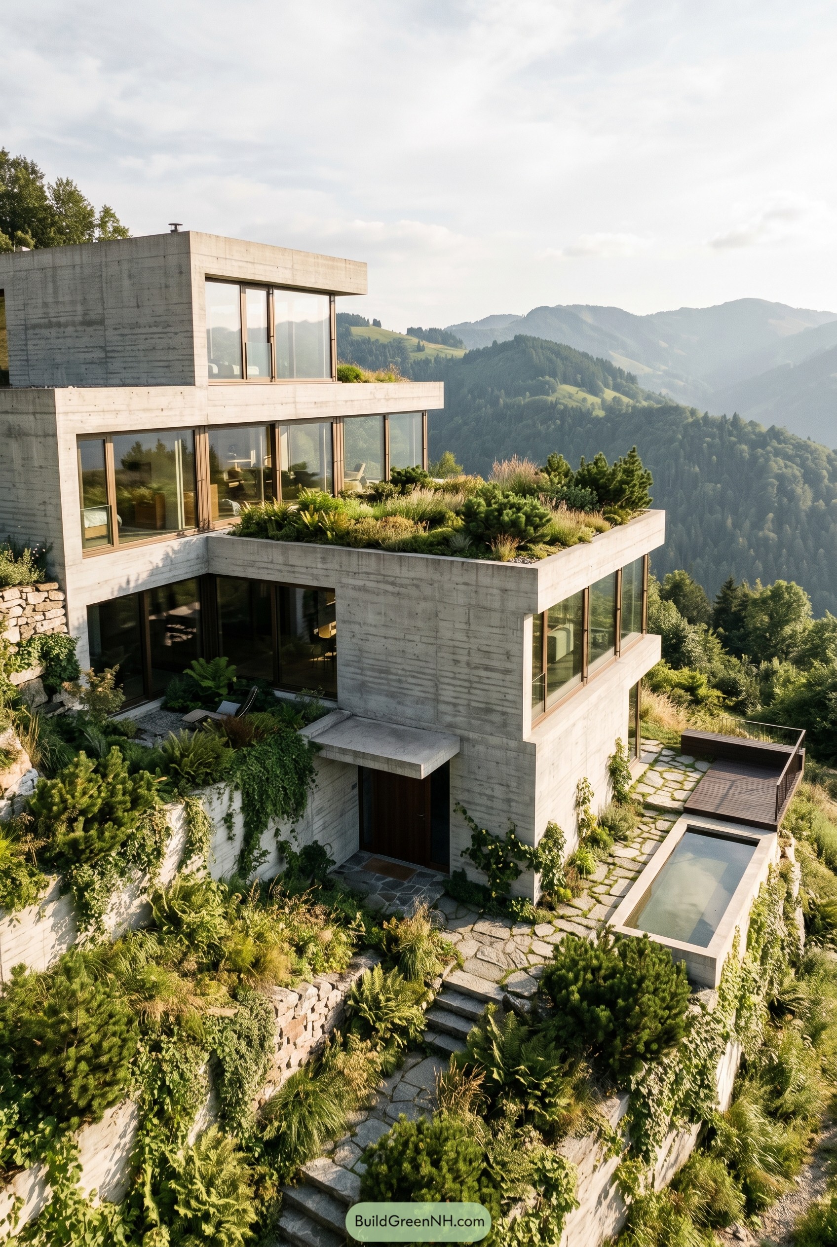 Tiered concrete house with lush roof terraces on a mountain slope