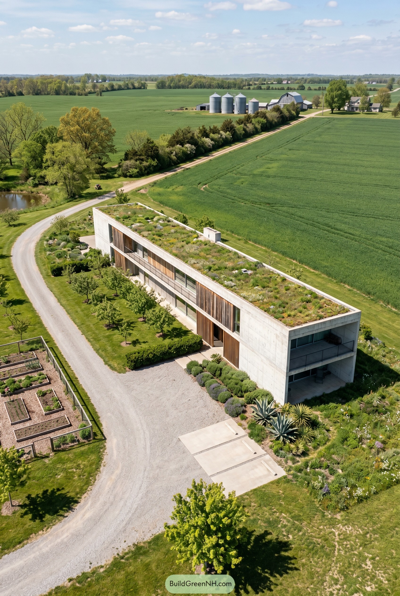 Long concrete house with green roof in open fields