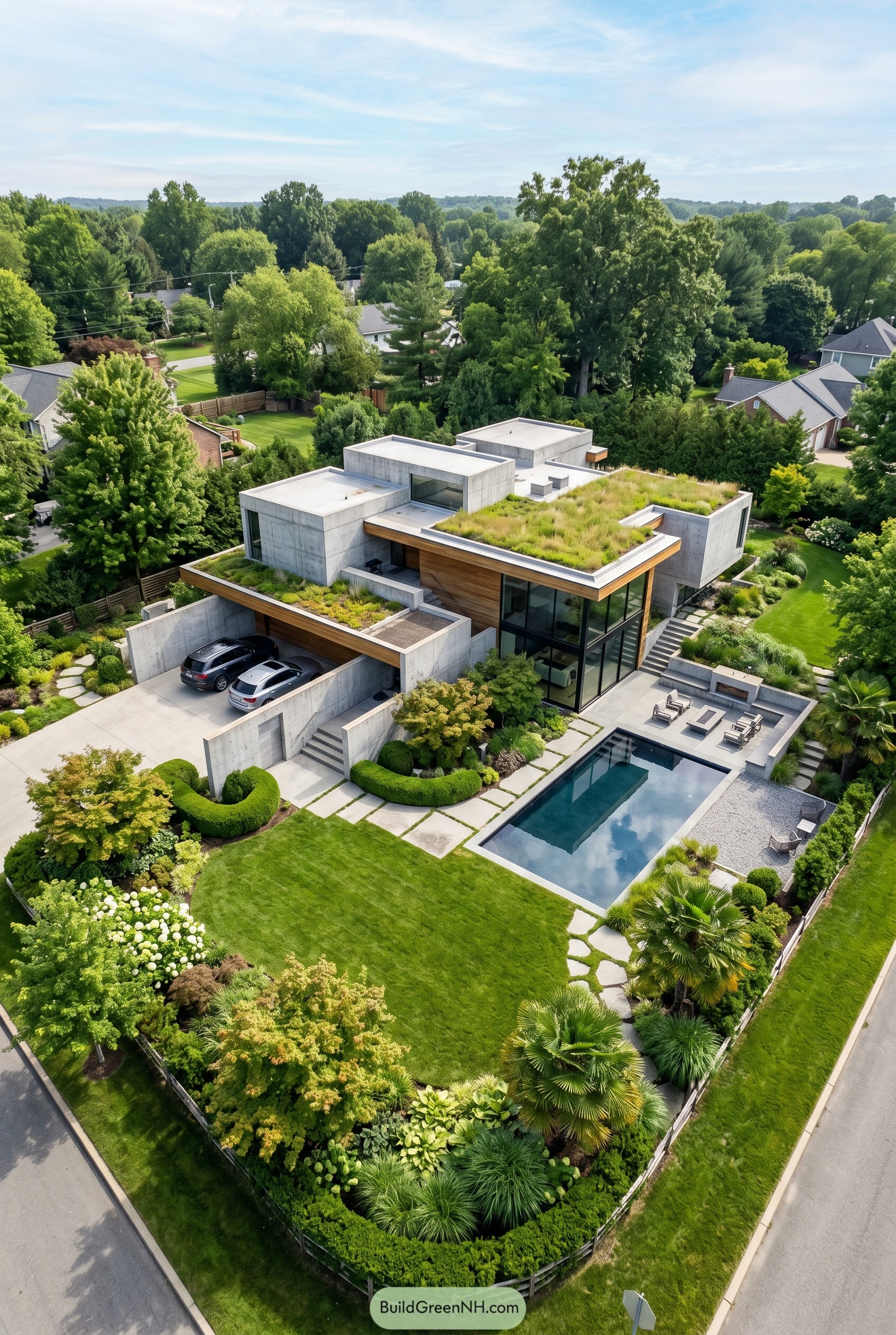 Concrete house with green roofs and pool