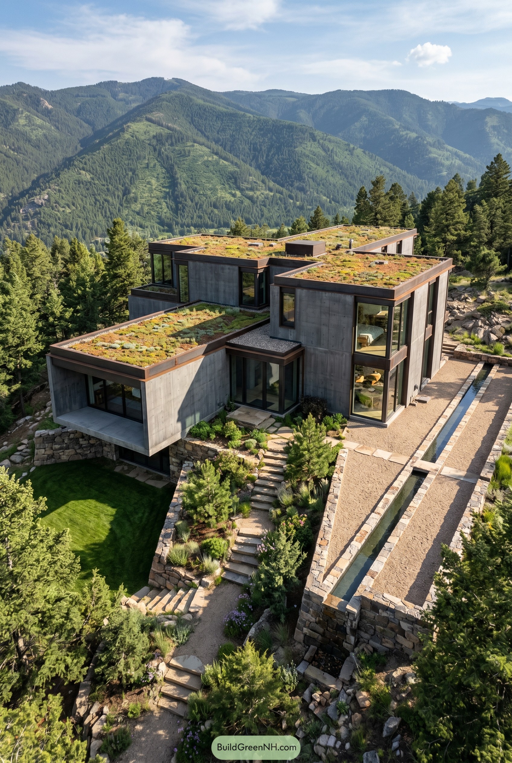 Concrete mountain house with green roofs and terraces
