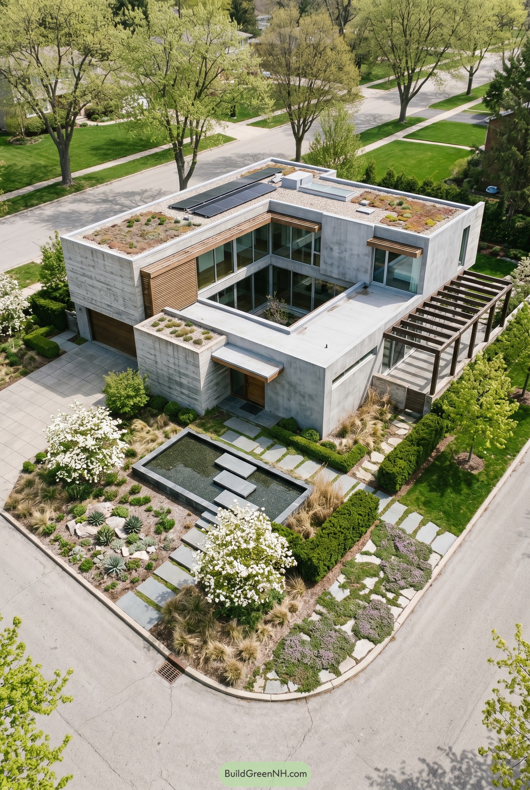 Concrete courtyard house with green roof and reflecting pool