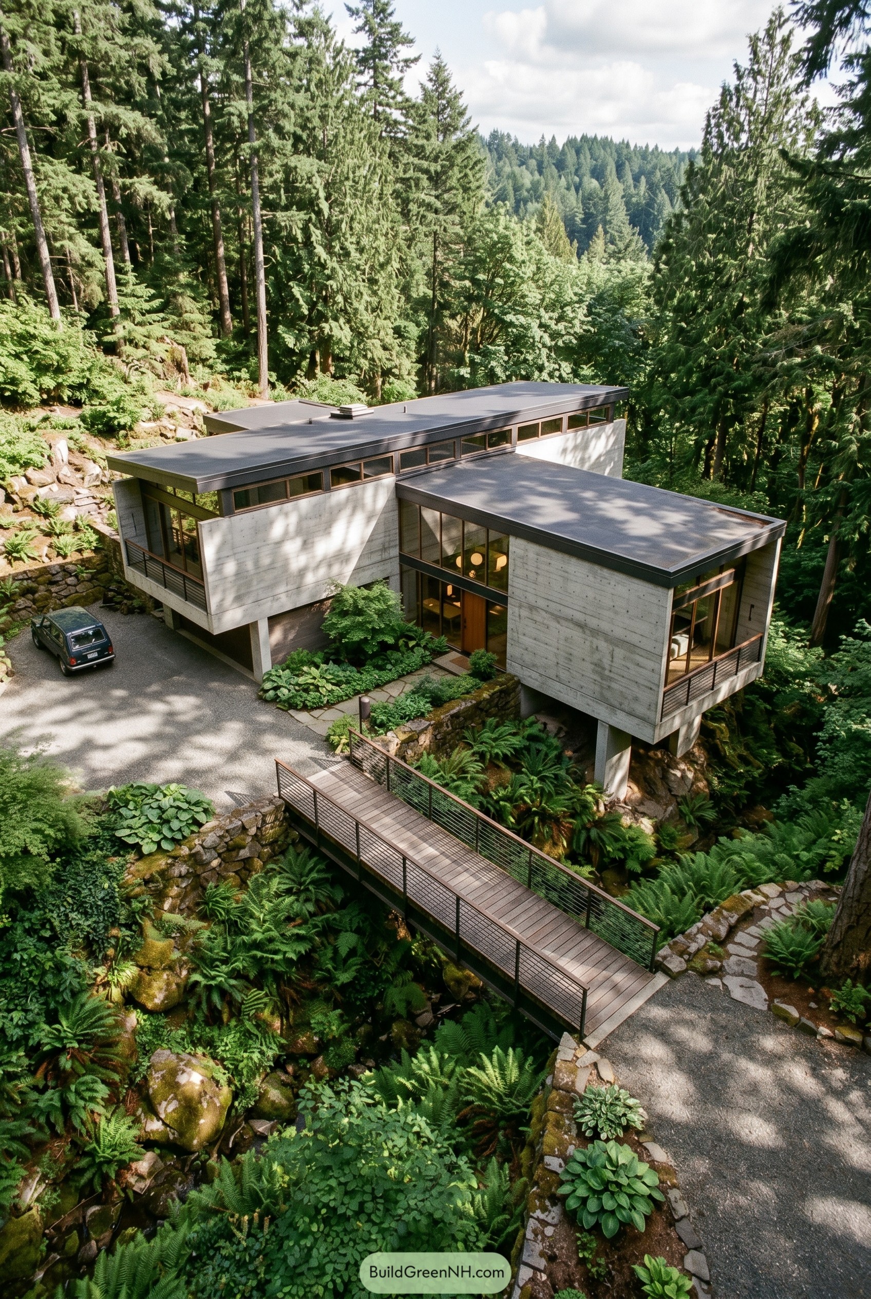Concrete forest house with bridge and ferns