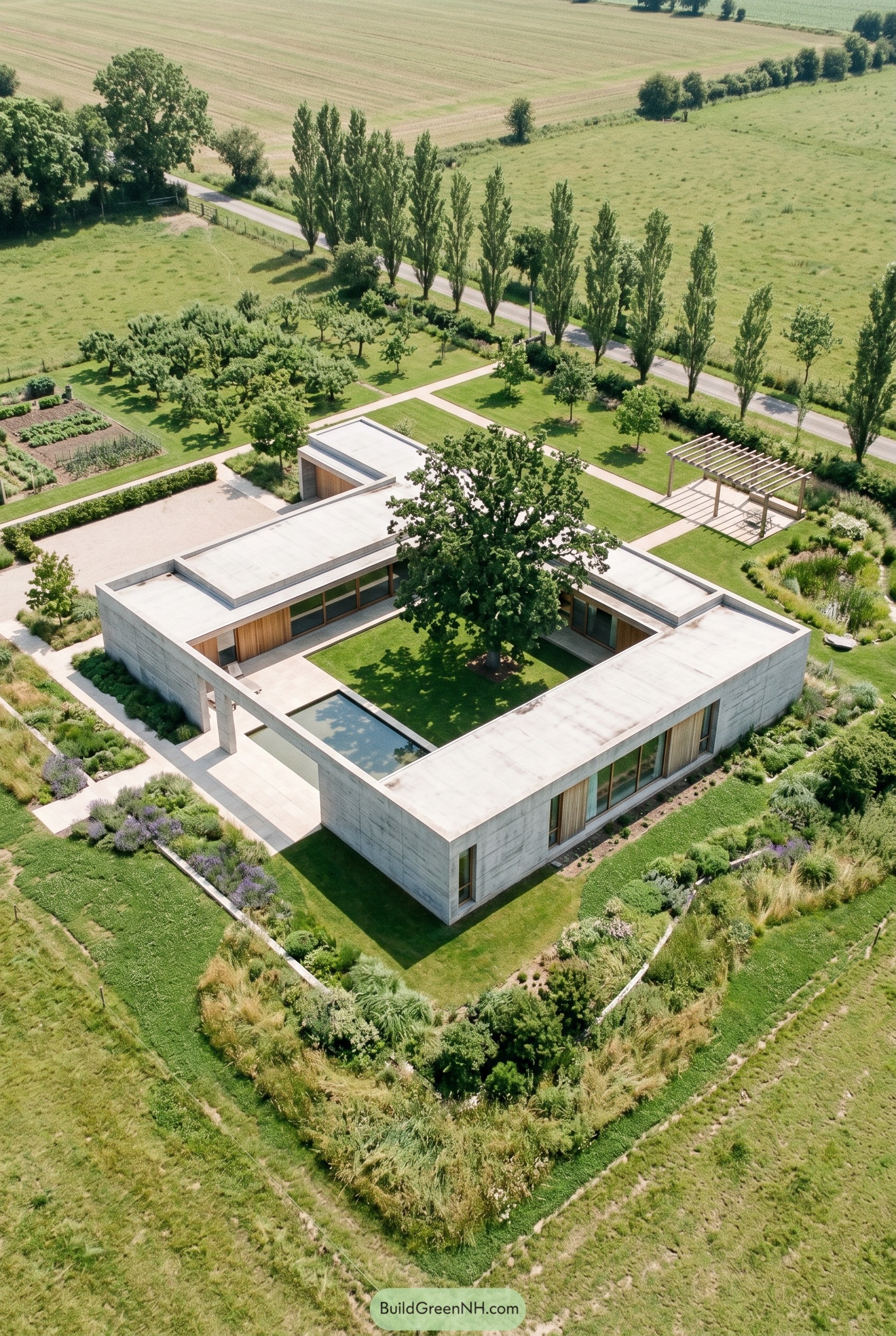 Aerial view of concrete courtyard house amid gardens