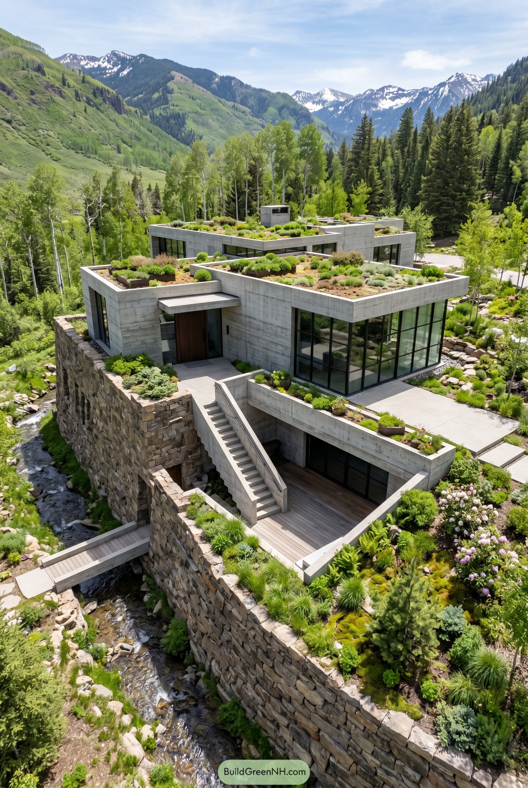 Concrete mountain house with green roofs above a stream