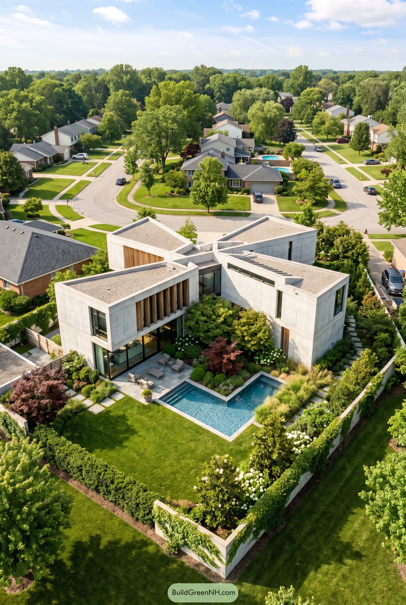 Aerial view of concrete courtyard home with pool