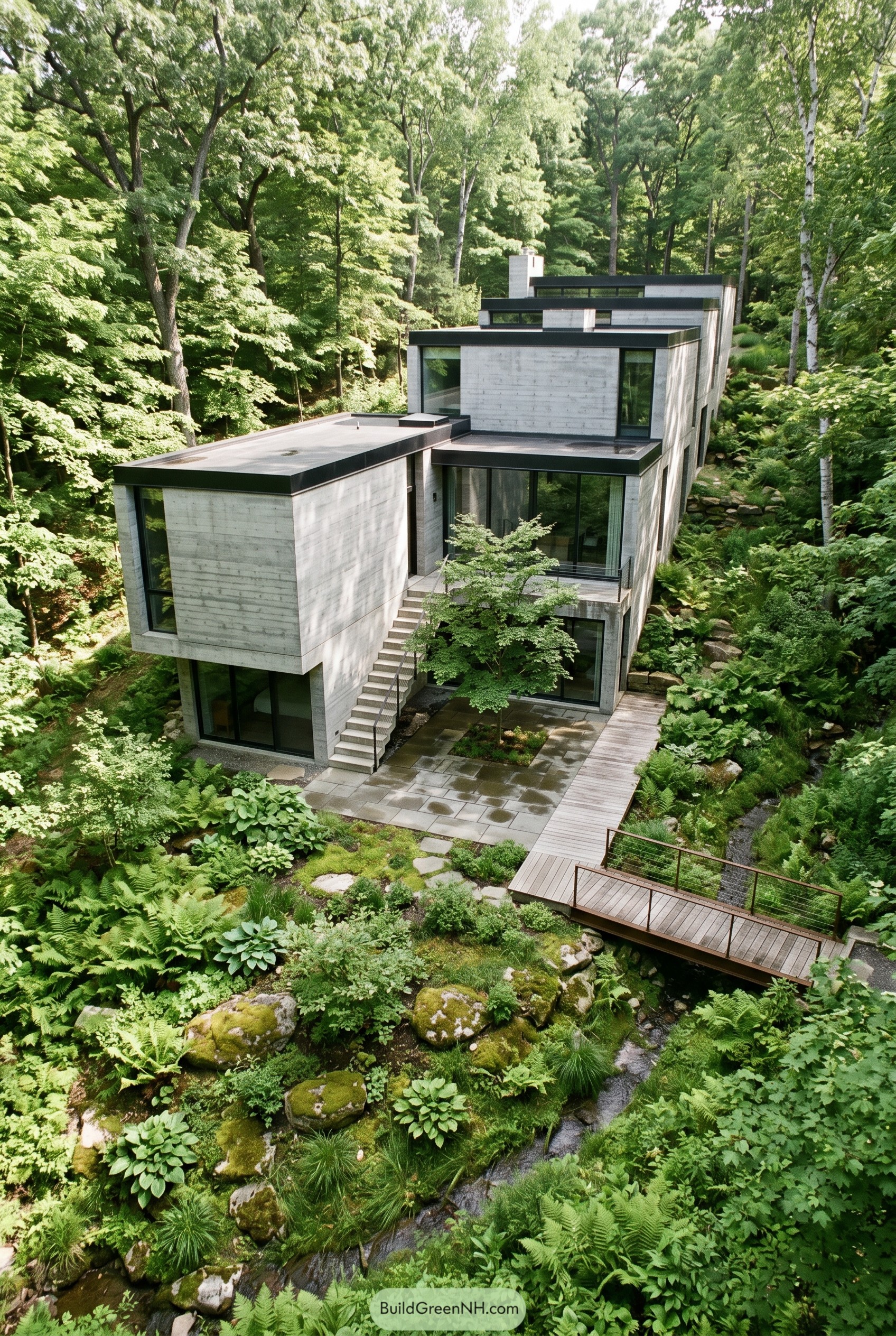 Stacked concrete house above fern-lined stream