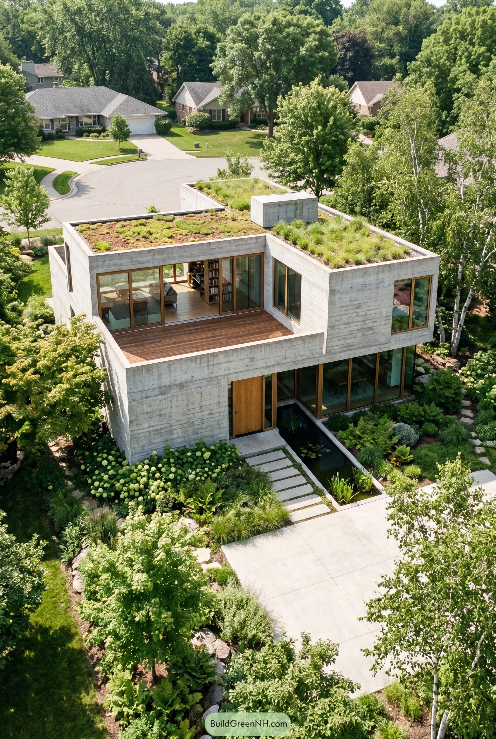 Concrete modern house with green roofs and lush gardens