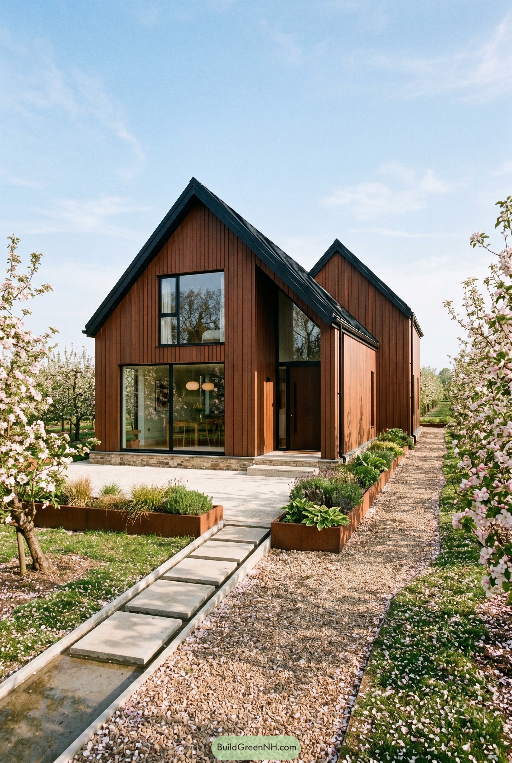 Burnt umber gabled house beside blooming orchard