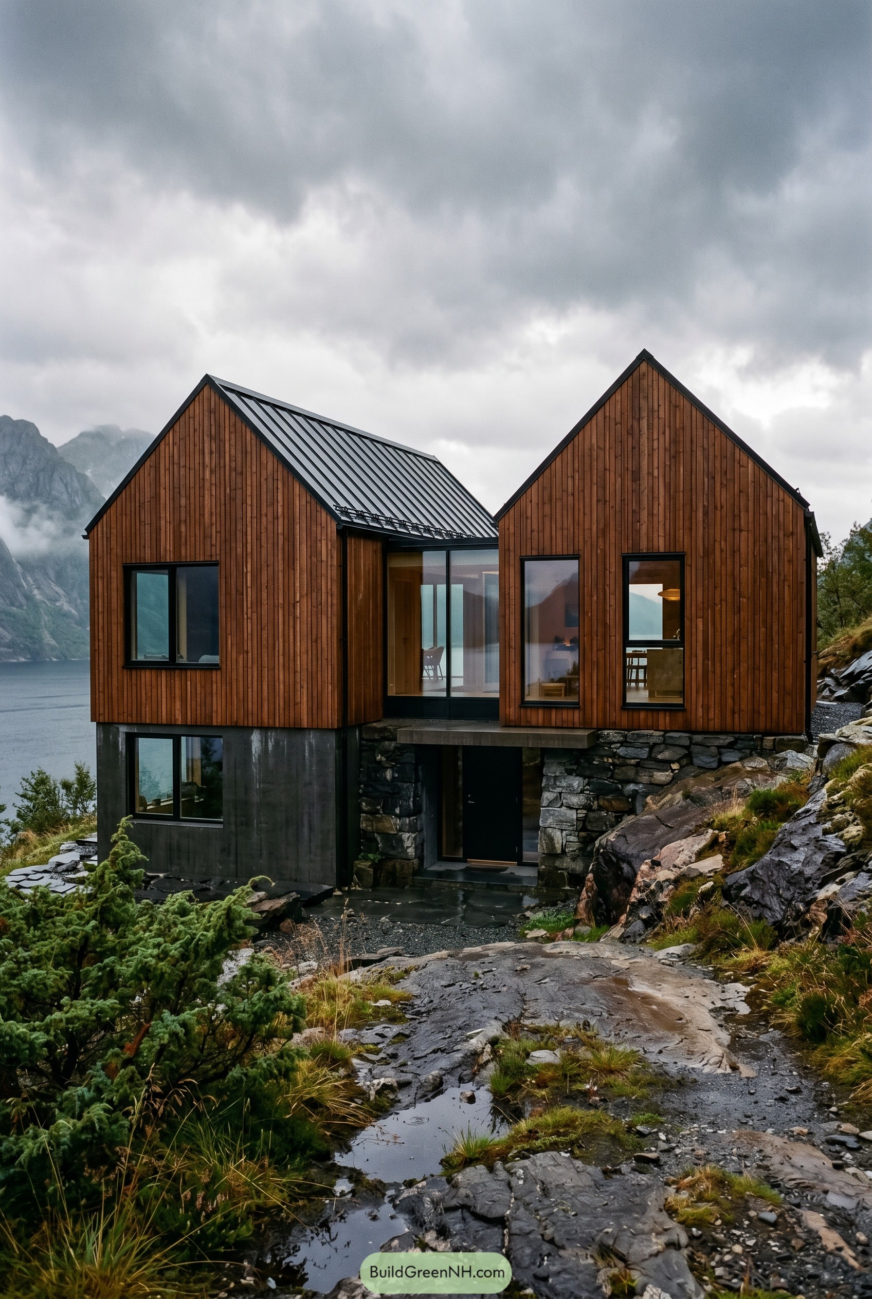 Burnt umber twin gabled house on rocky slope