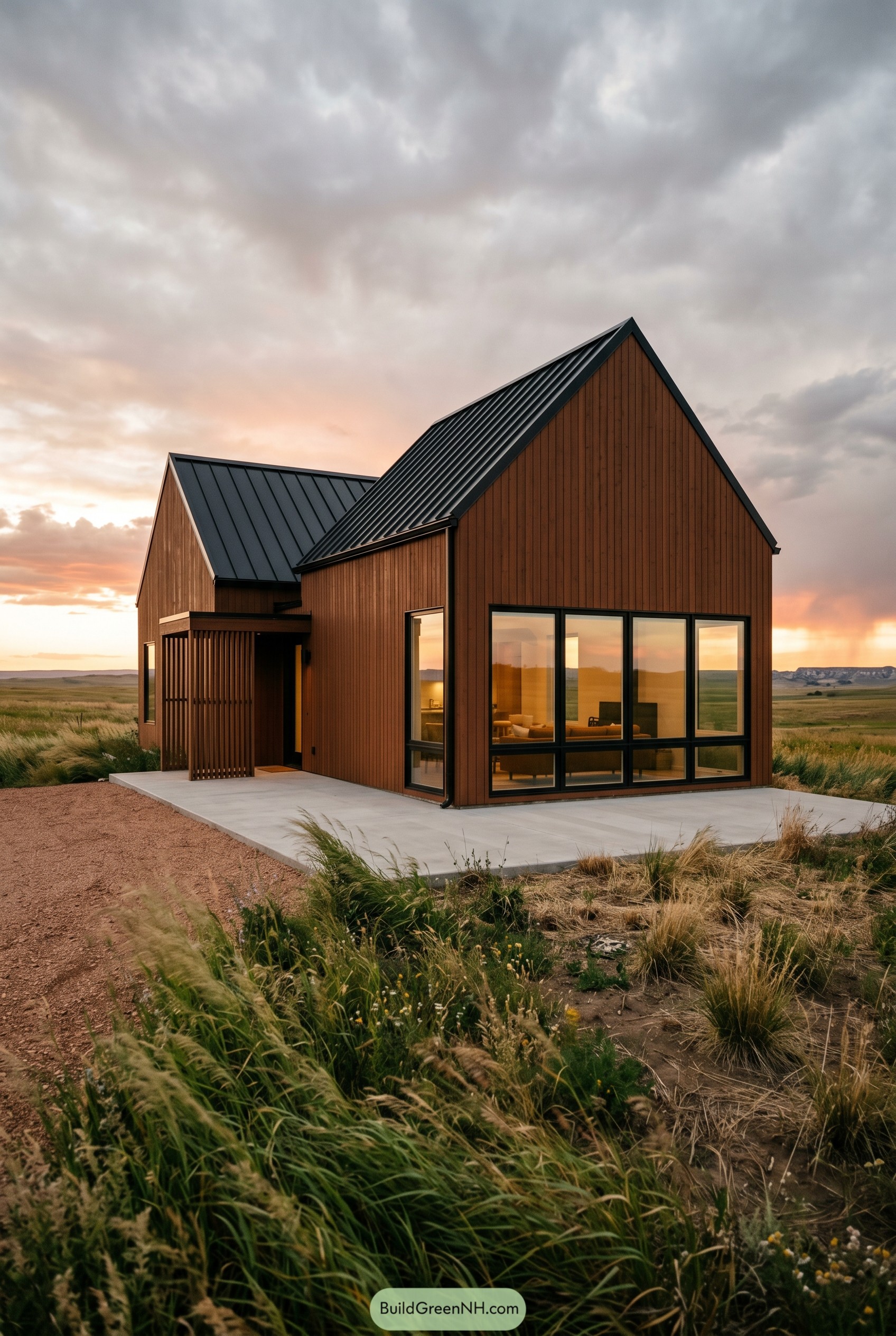 Burnt umber twin gabled modern house on prairie