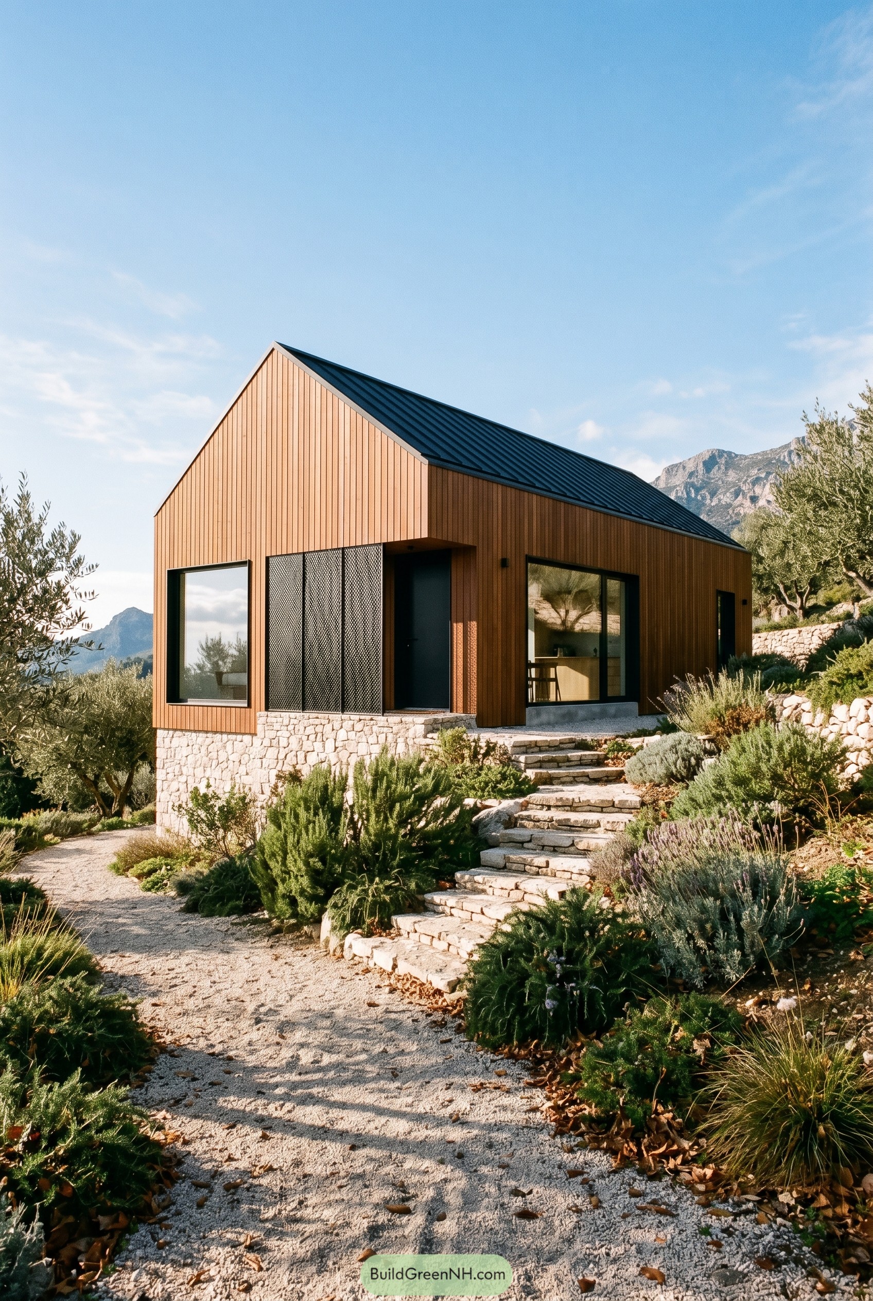 Burnt umber gabled house with stone base