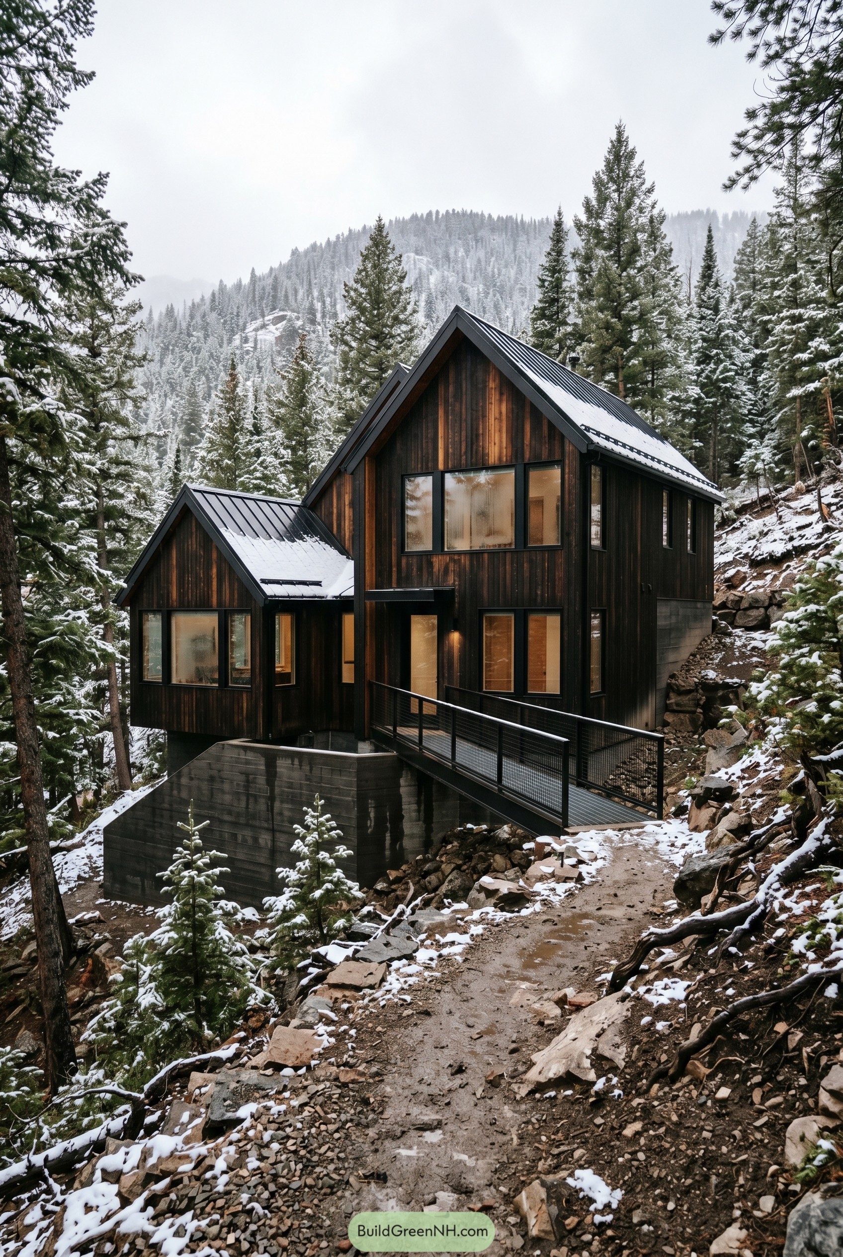 Modern burnt umber gabled house on a snowy mountainside