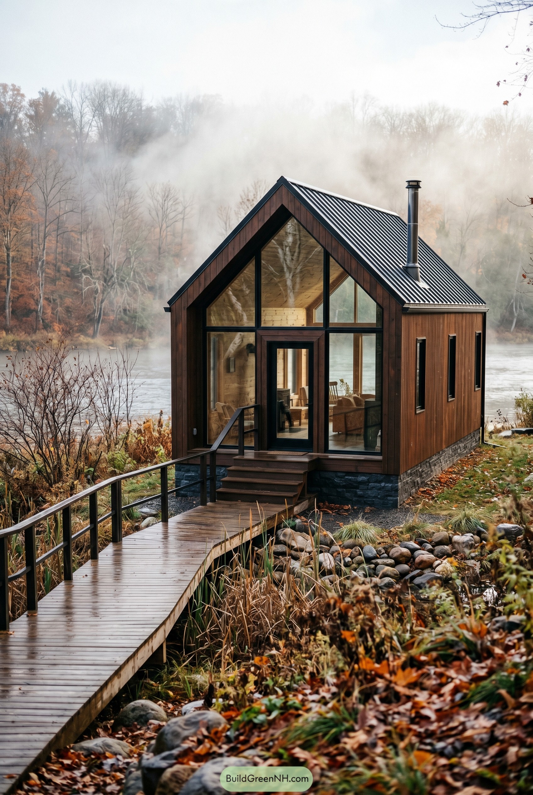 Burnt umber gabled cabin beside a misty river