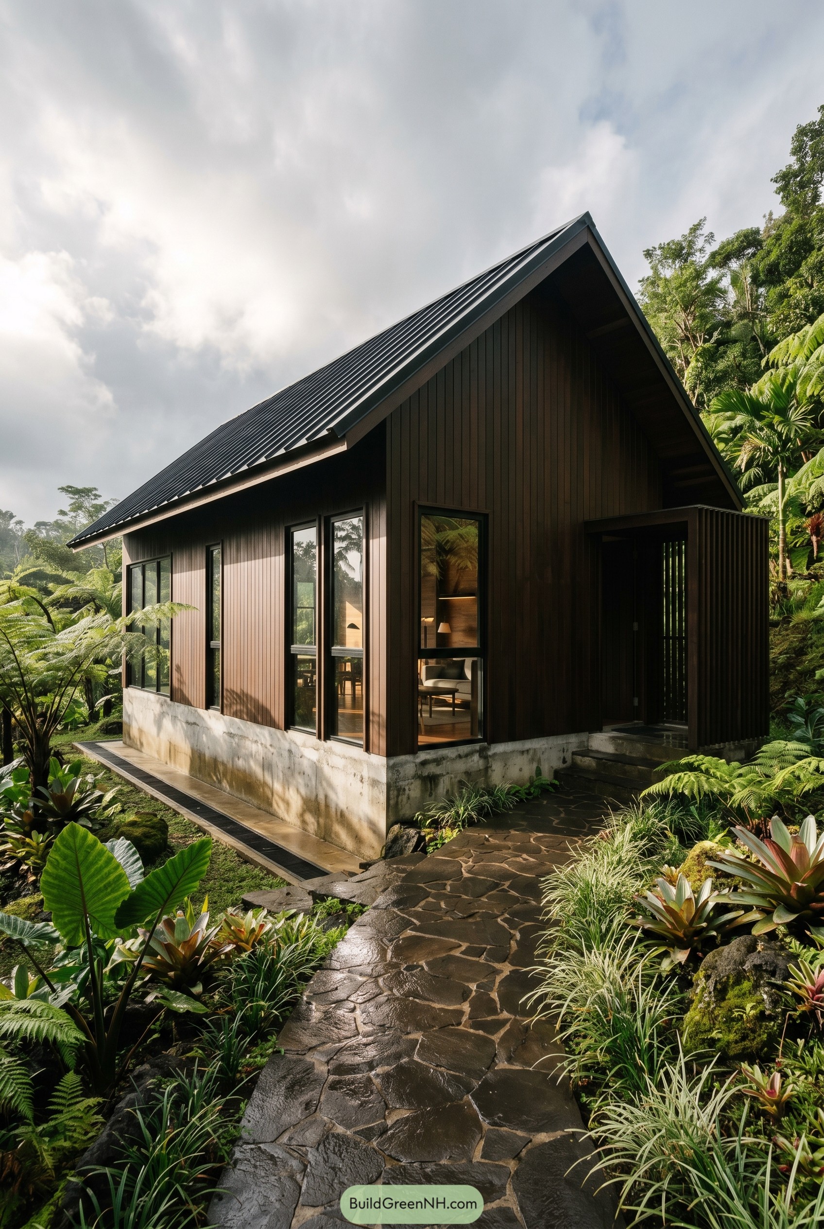 Burnt umber gabled house in a tropical garden