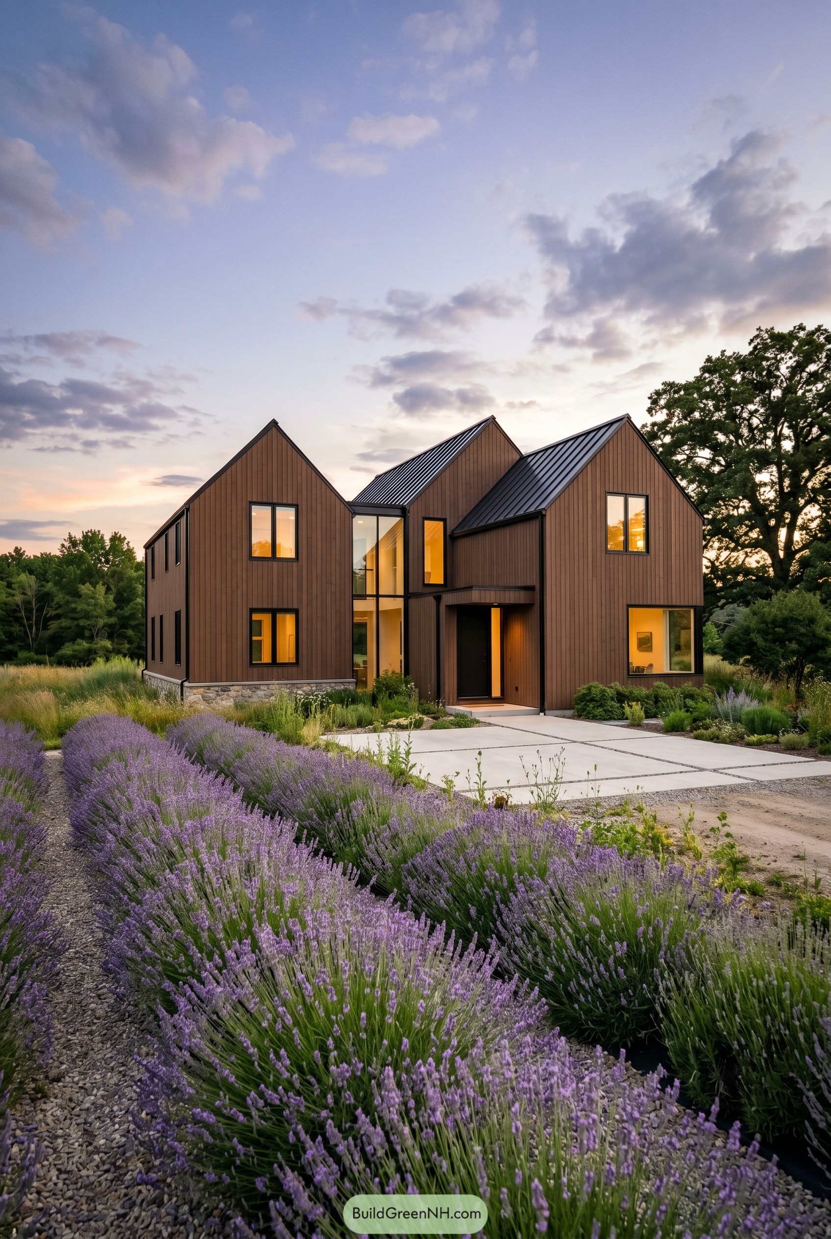 Burnt umber triple gabled house with lavender garden