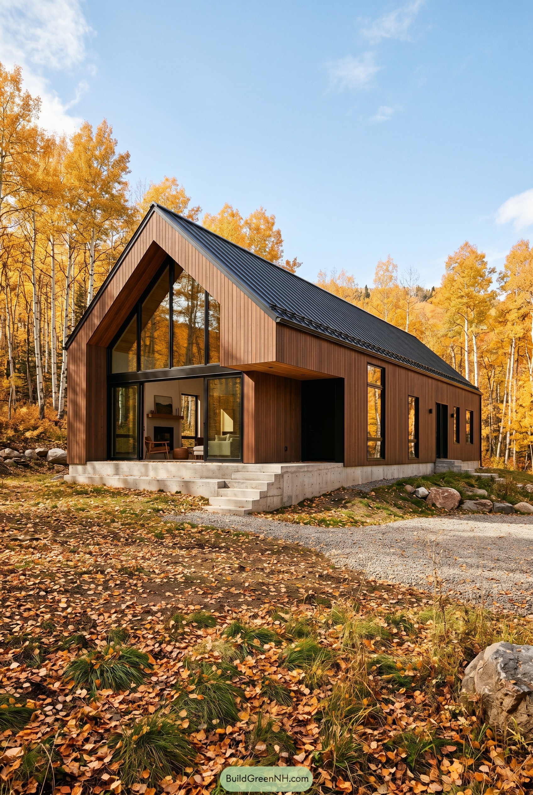 Burnt umber gabled house among autumn aspens