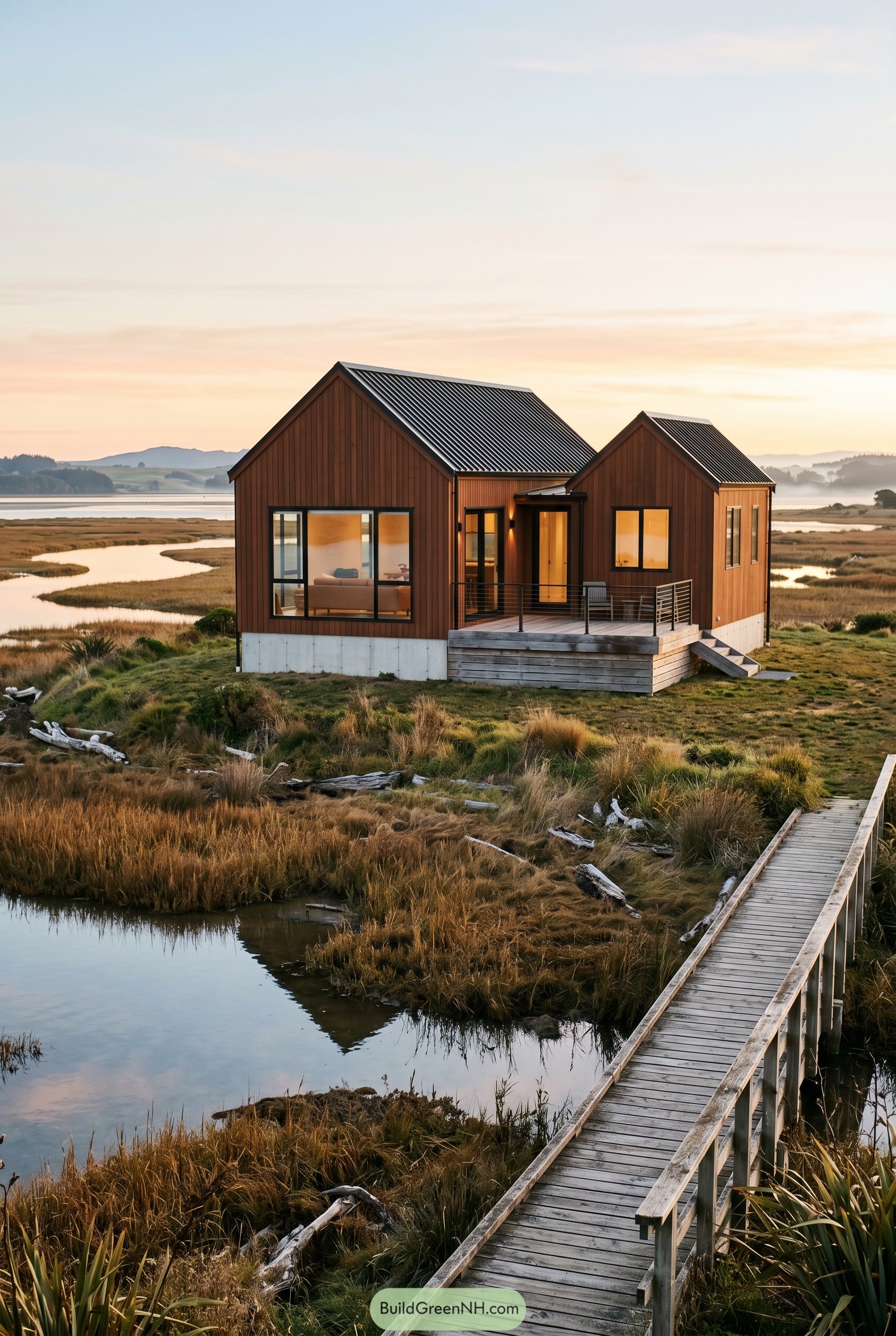 Burnt umber twin gabled house beside marsh