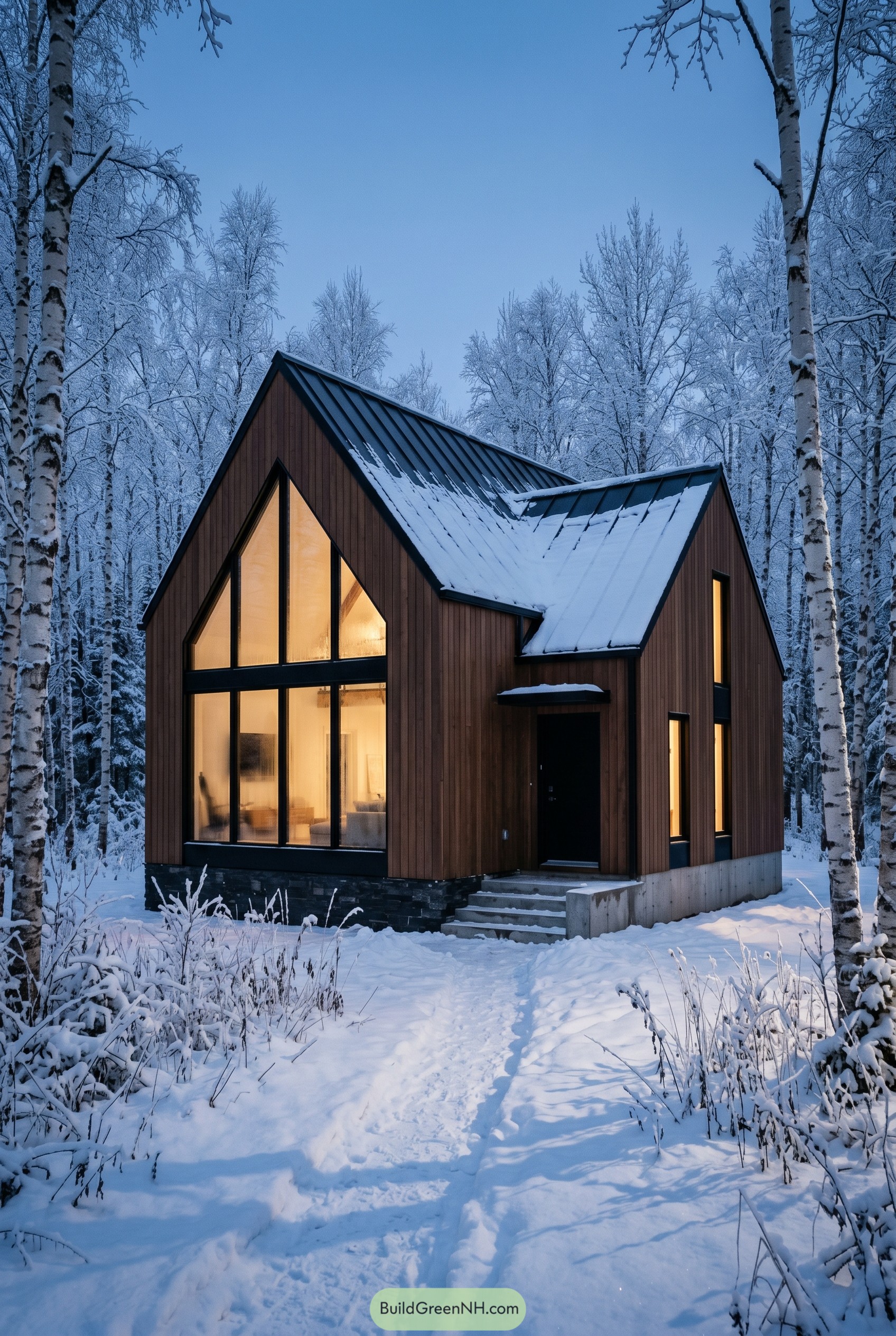 Burnt umber gabled house in snowy birch woods
