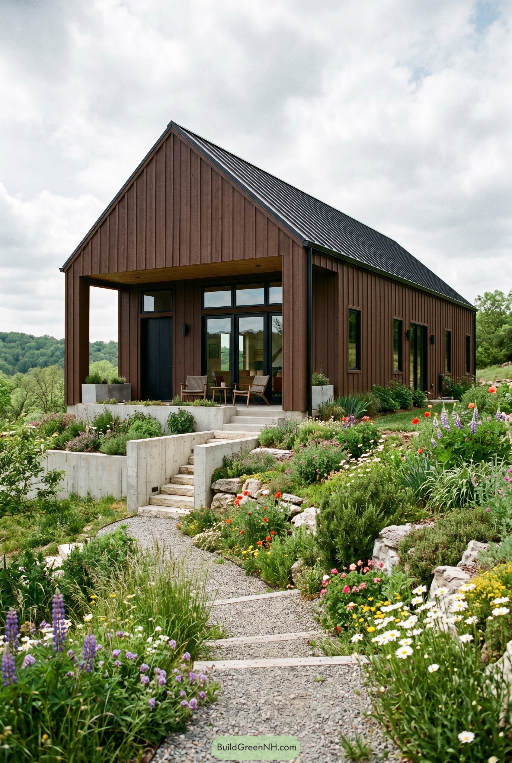 Burnt umber gabled house above terraced garden