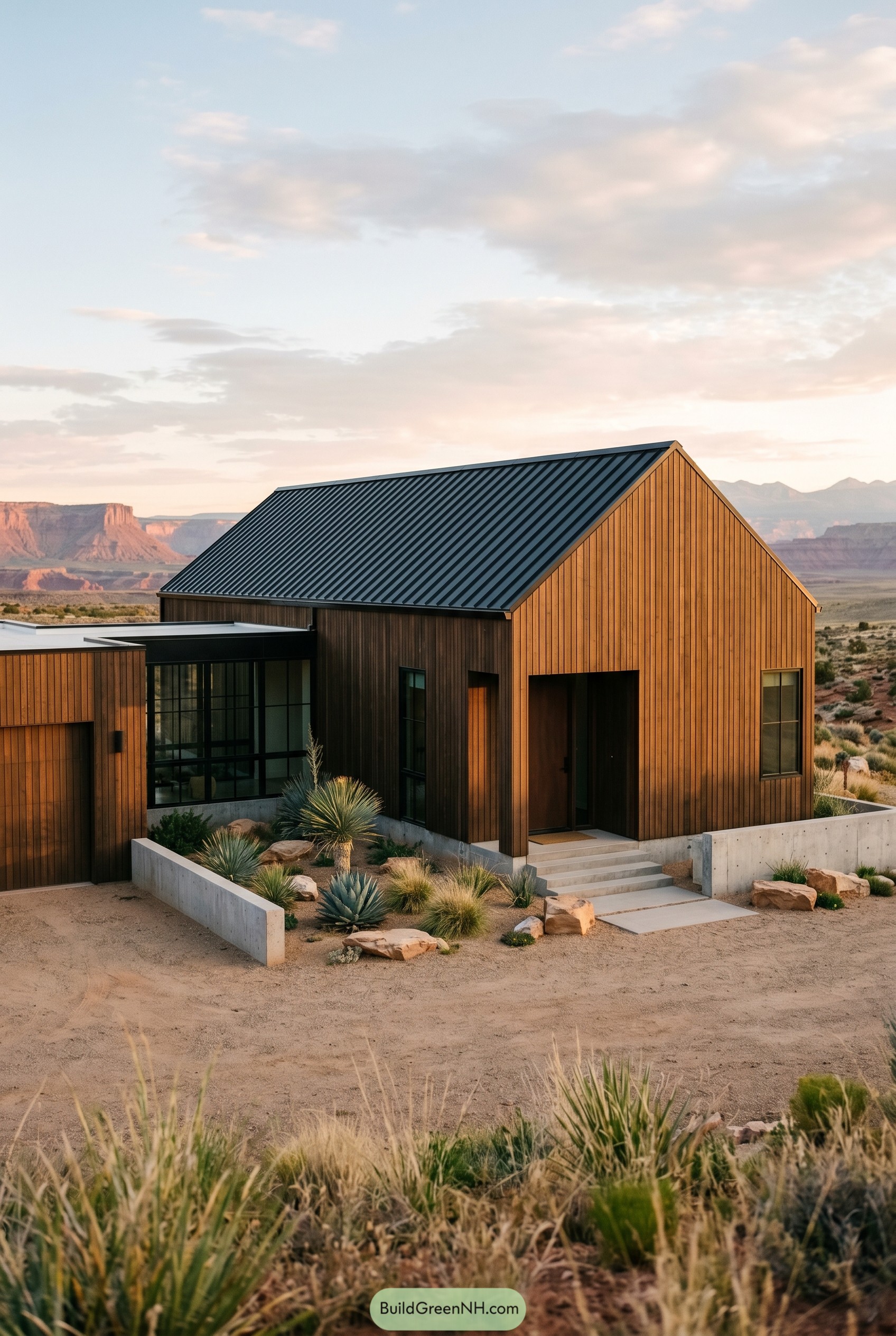 Burnt umber gabled desert house with black roof