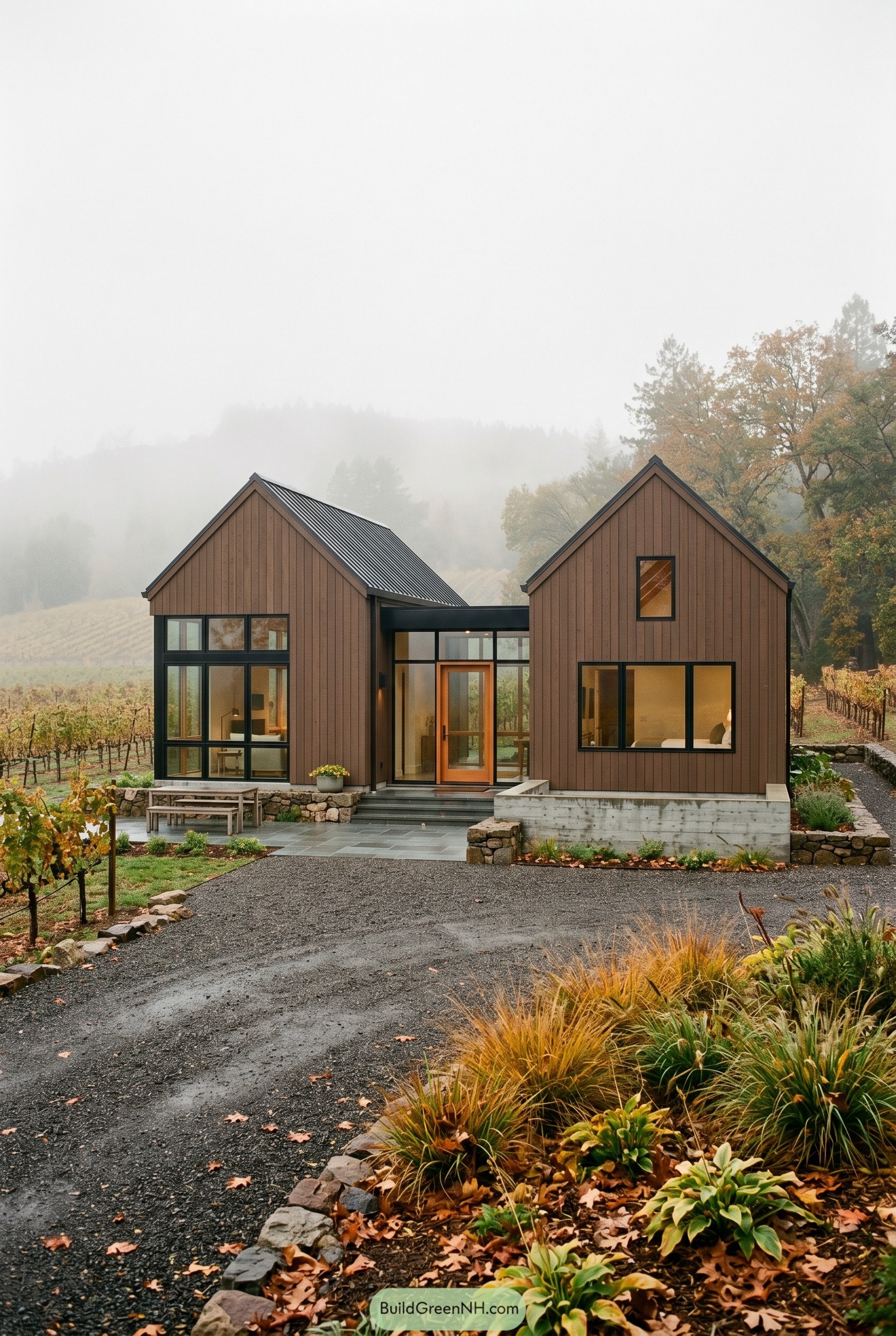 Burnt umber twin gabled house by vineyard