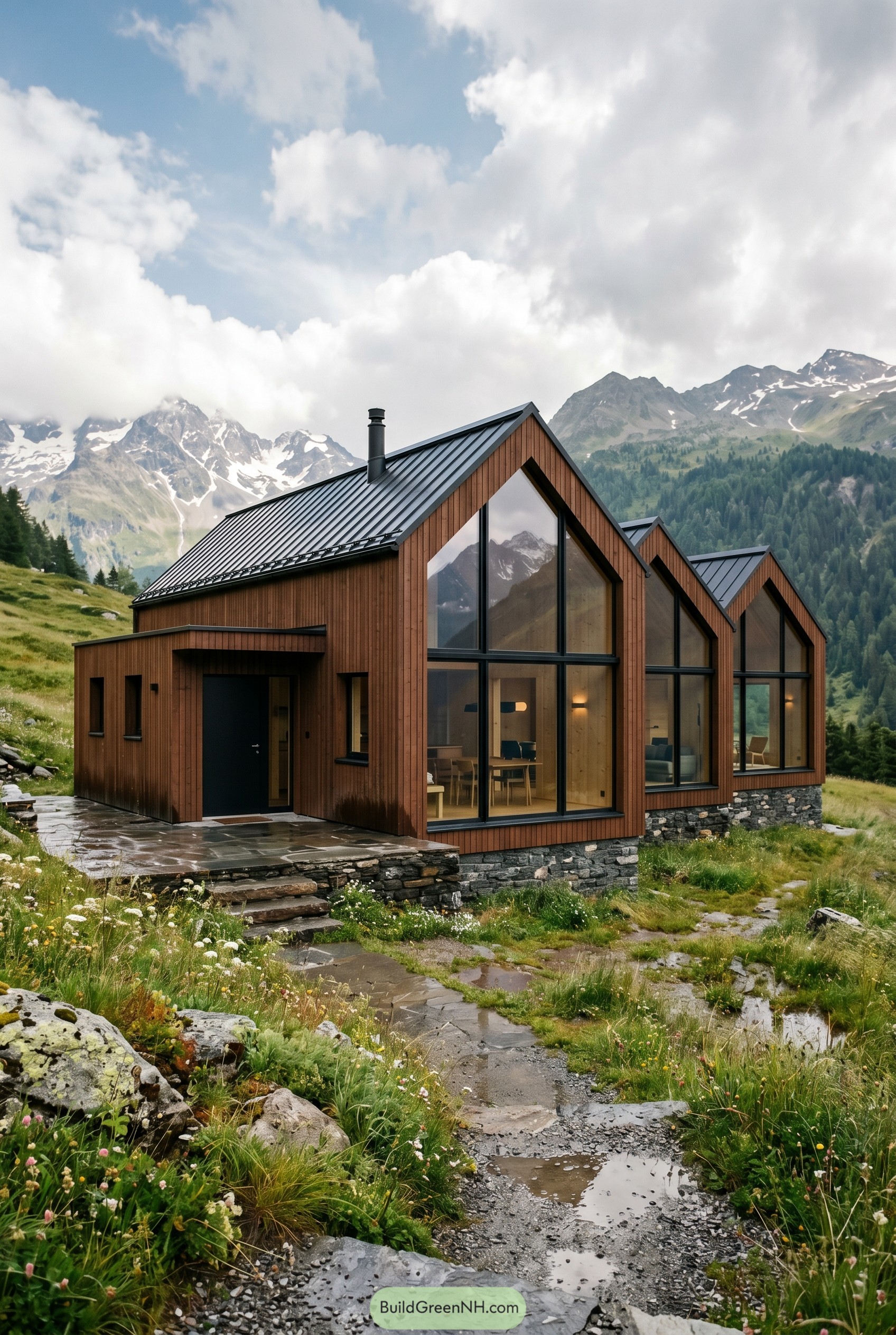 Burnt umber triple gabled house in alpine meadow