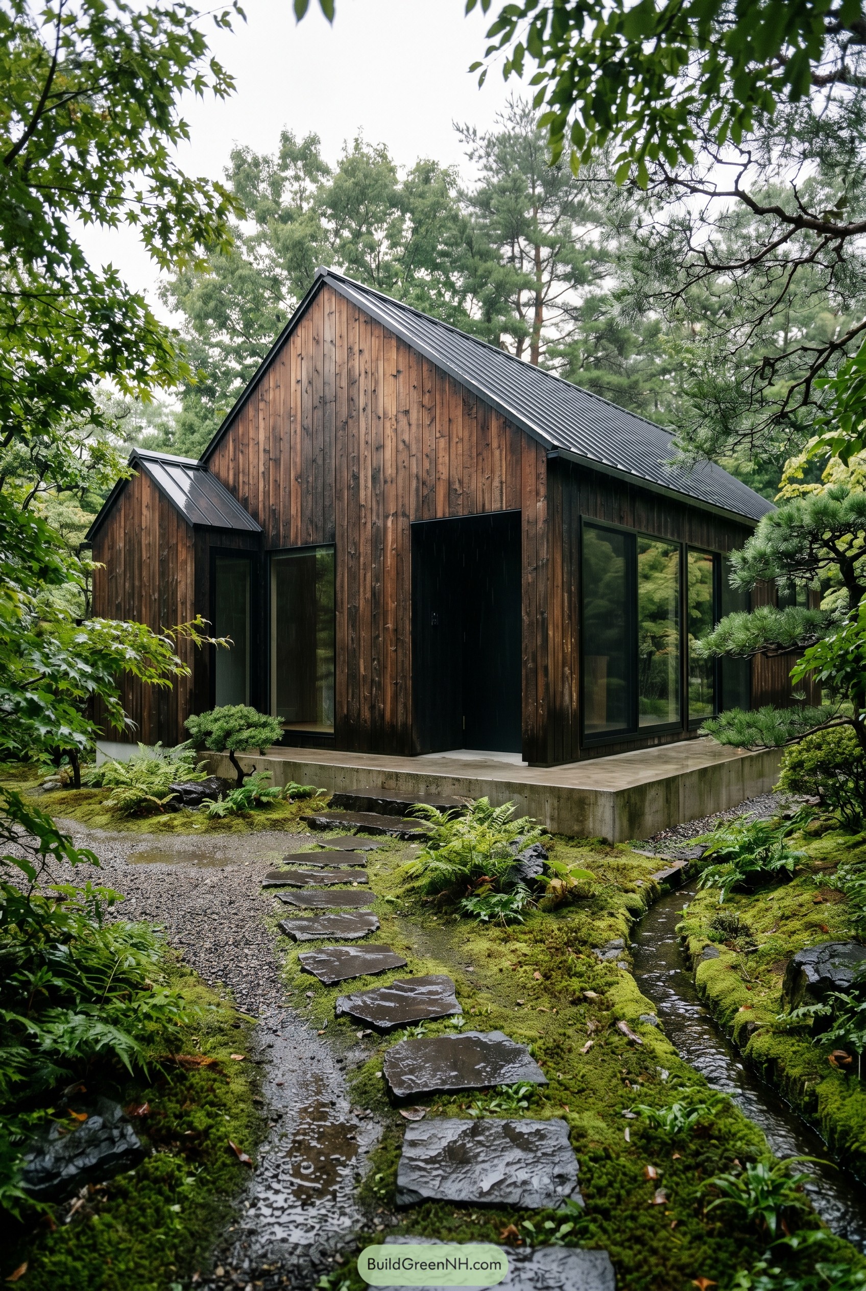 Burnt umber gabled home in moss garden