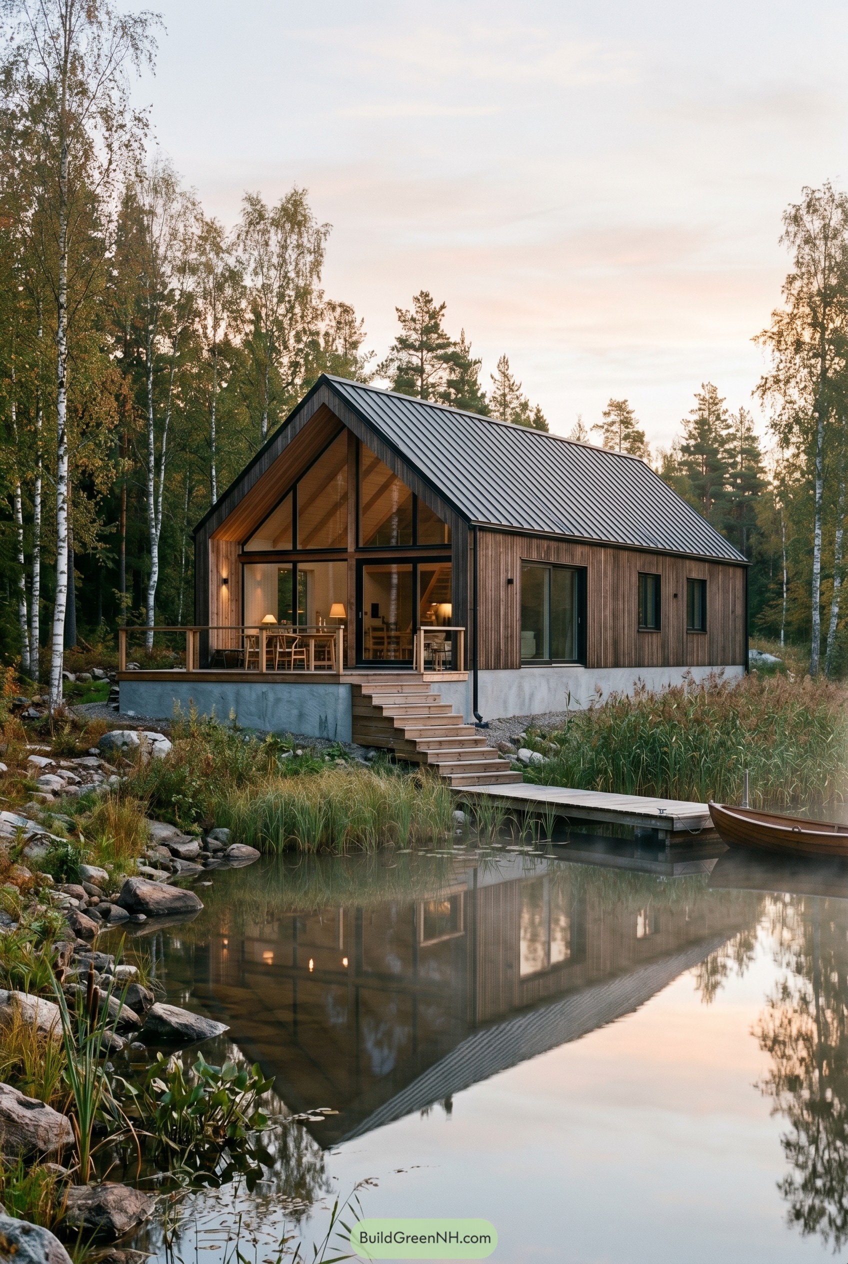 Burnt umber gabled house by a pond