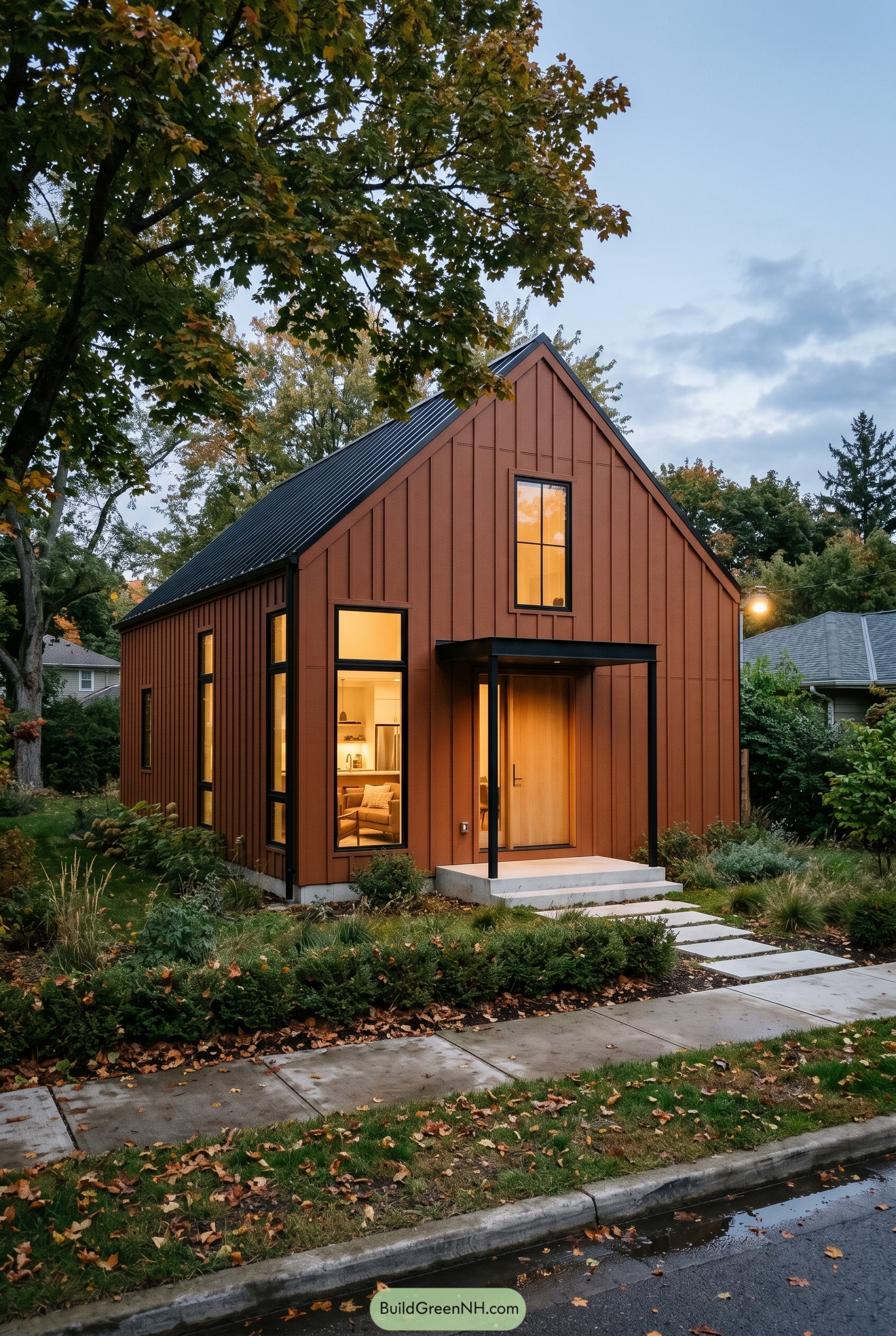 Burnt umber gabled house with black roof