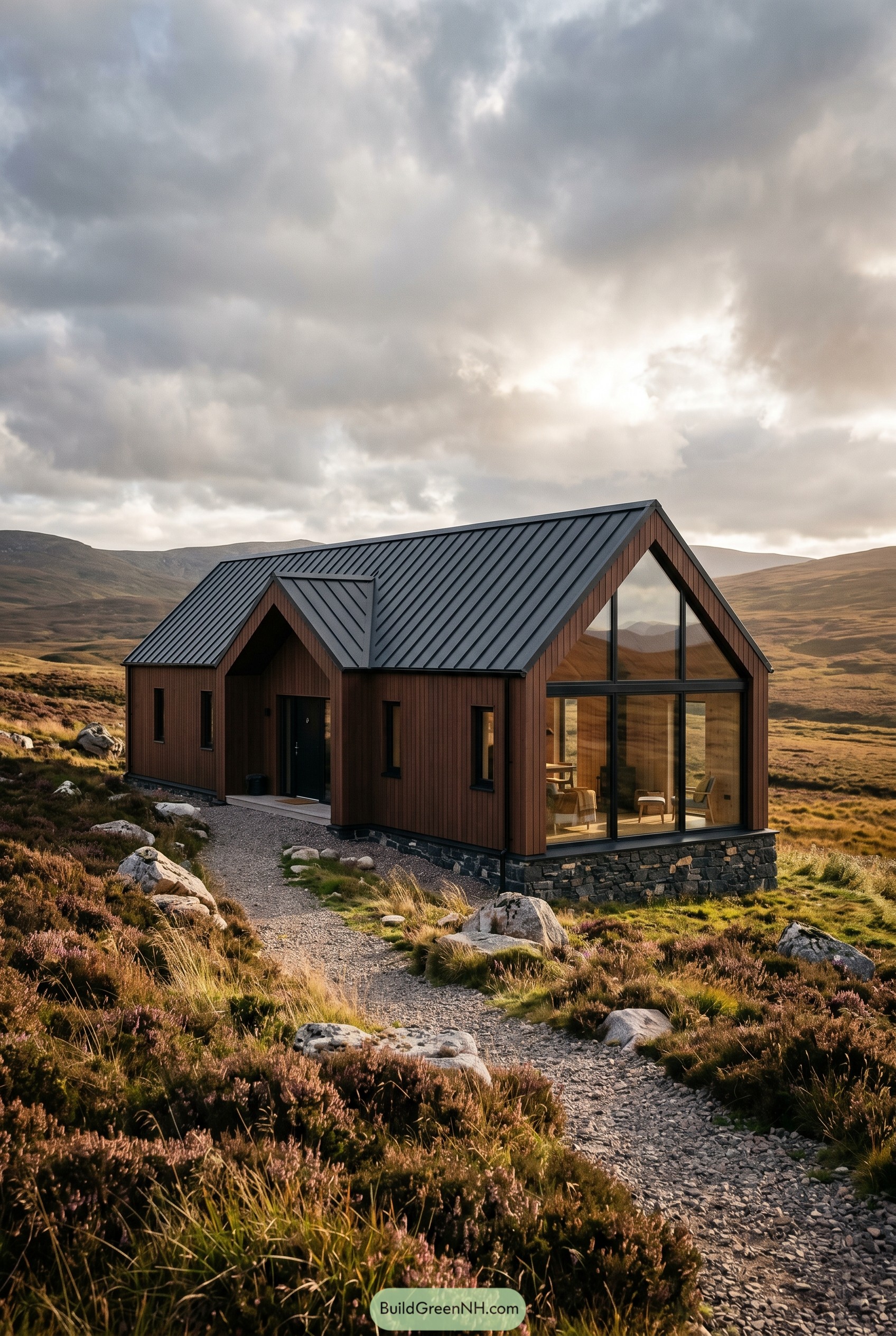 Burnt umber gabled house with glazed end