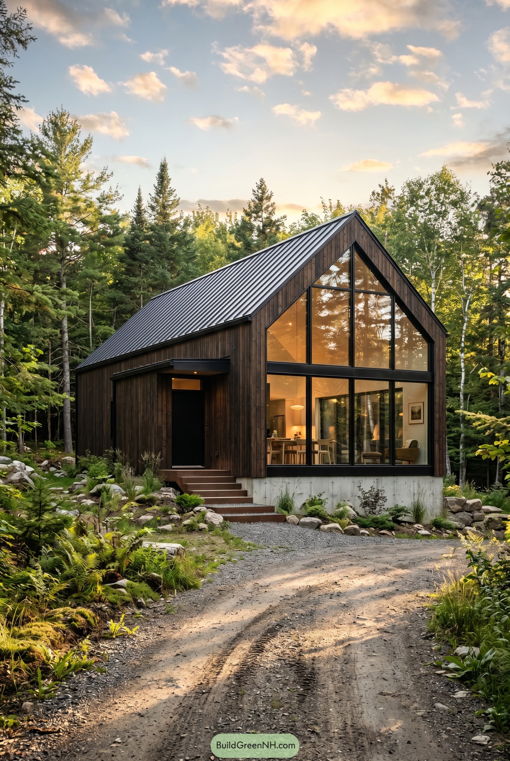 Modern burnt umber gabled house with glazed front in the woods