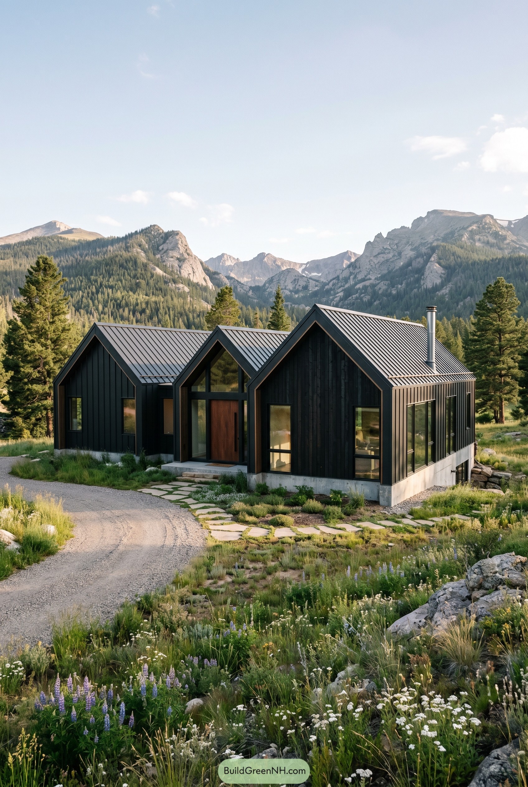 Charcoal gabled house in alpine meadow