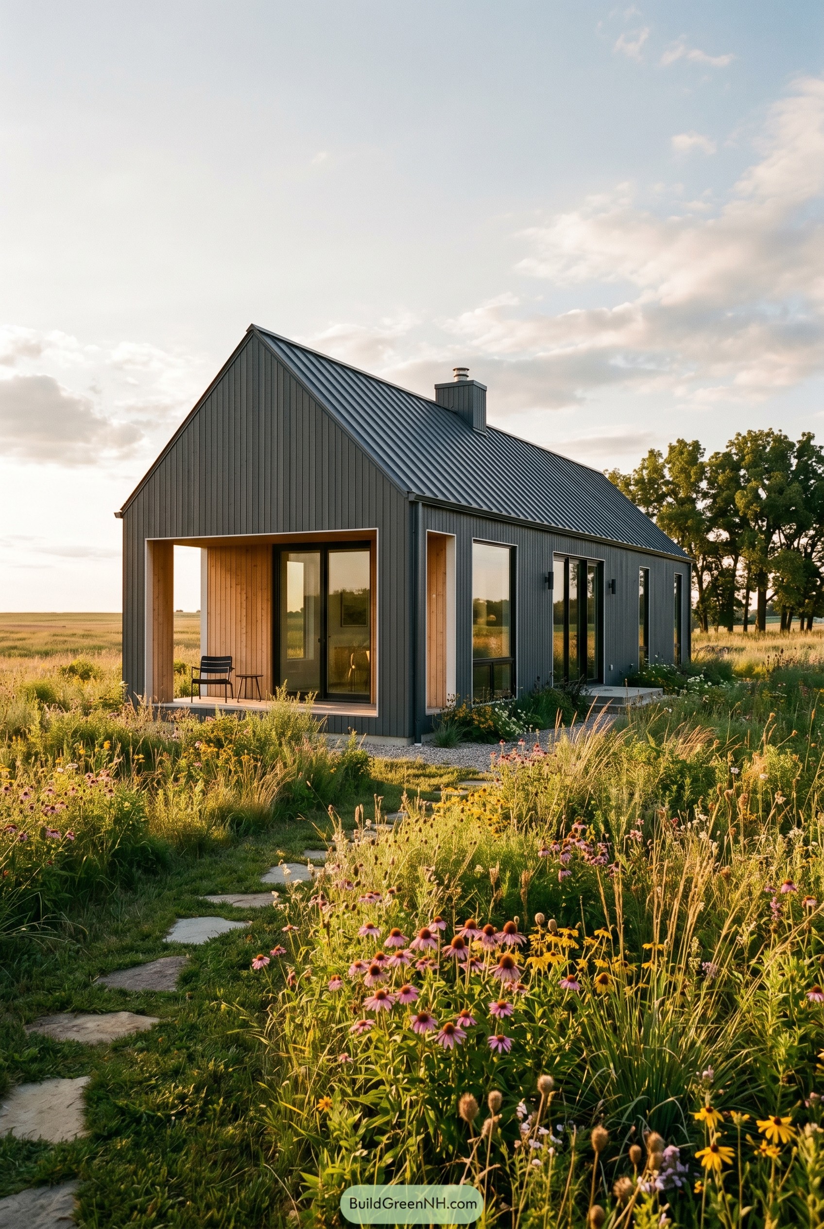 Charcoal gabled house in a wildflower meadow