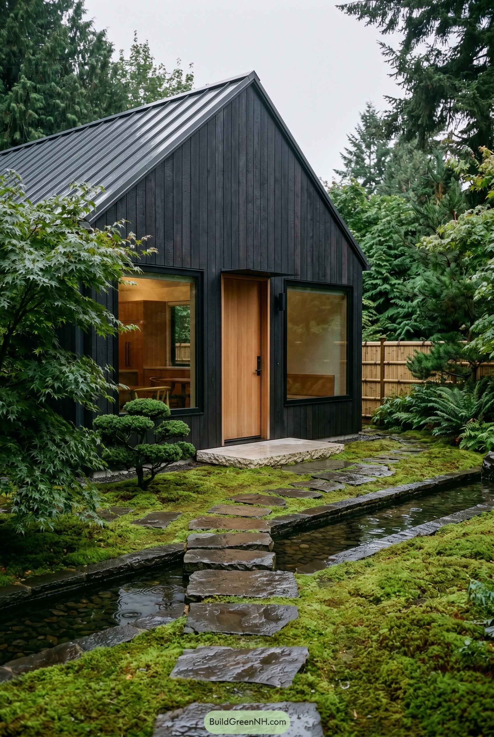 Black gabled cottage with moss garden and water path