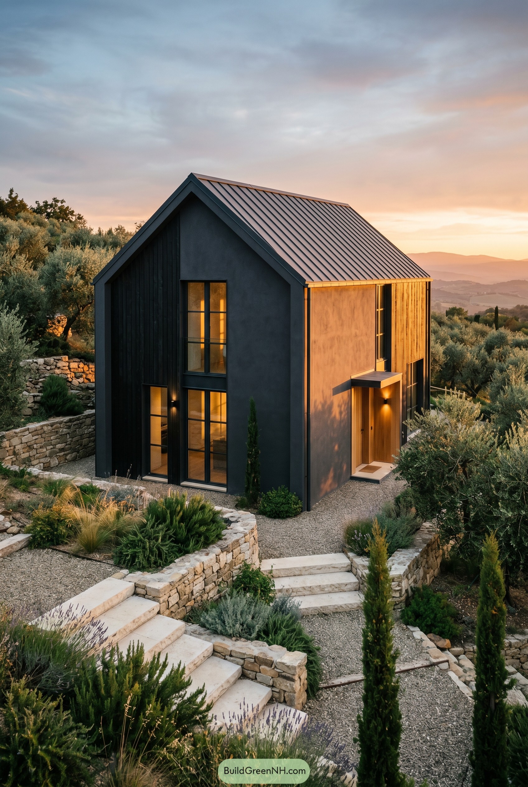 Charcoal gabled house on a terraced hillside