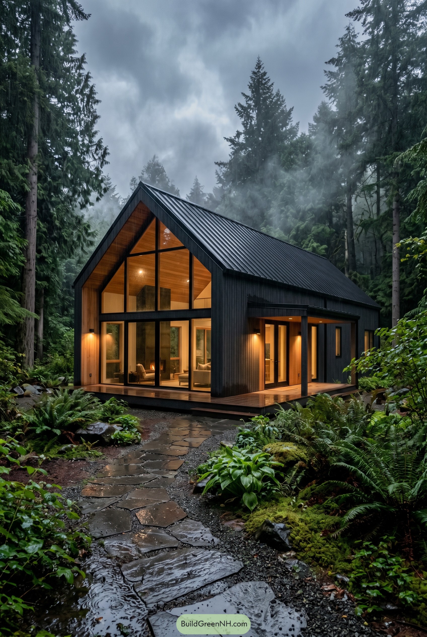 Black gabled house in misty forest