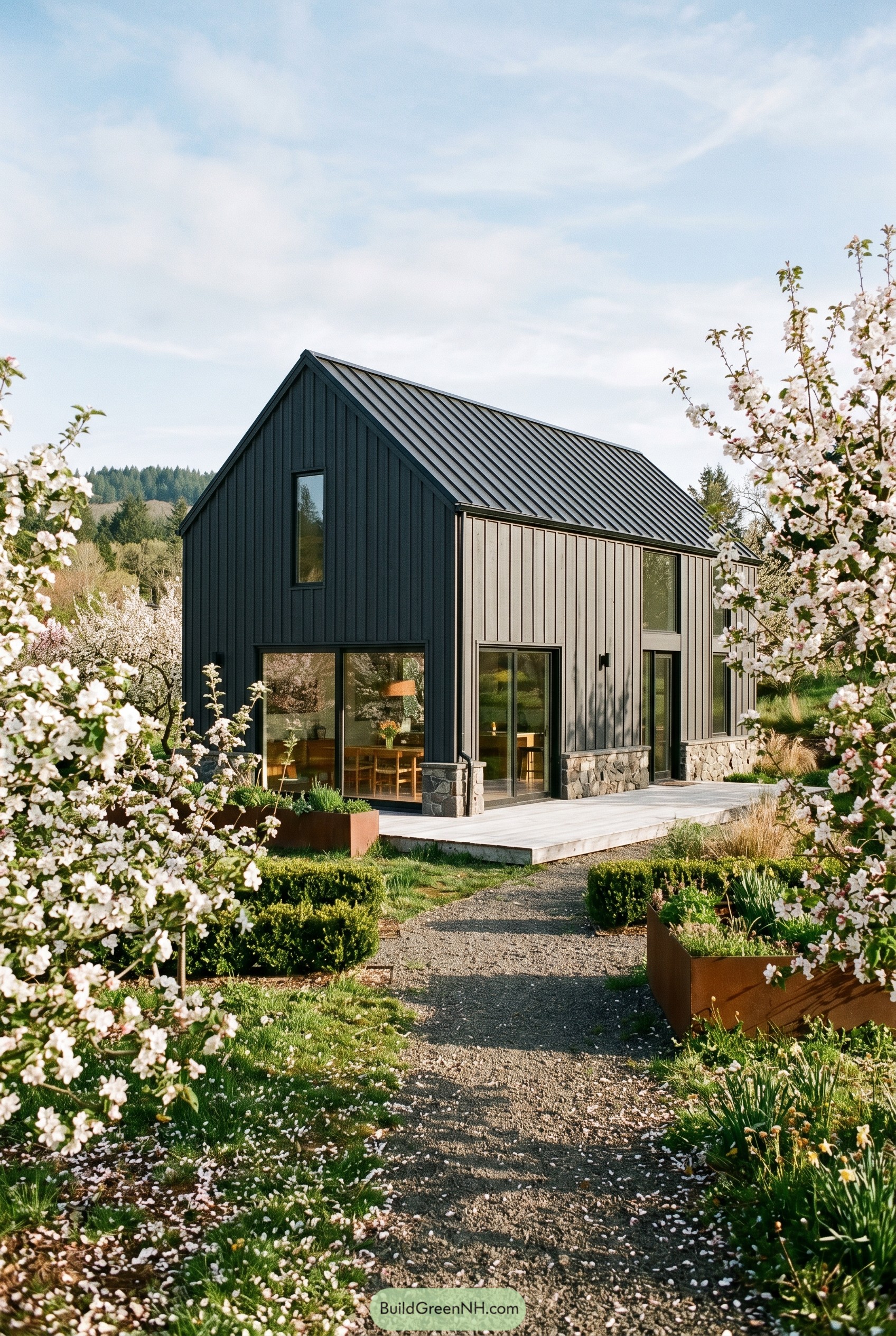 Dark gabled home in a blooming orchard