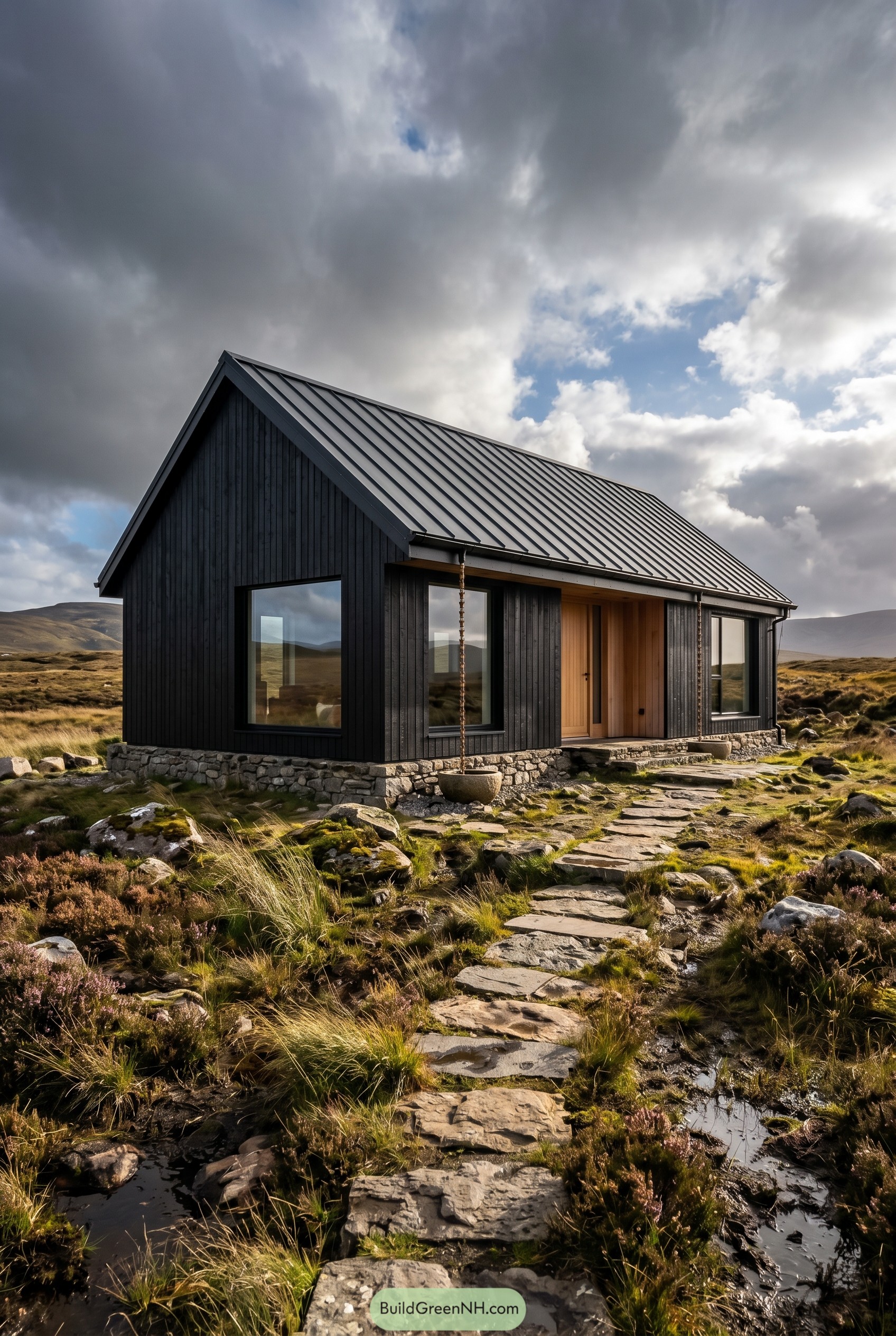 Dark gabled cottage with stone path on moor
