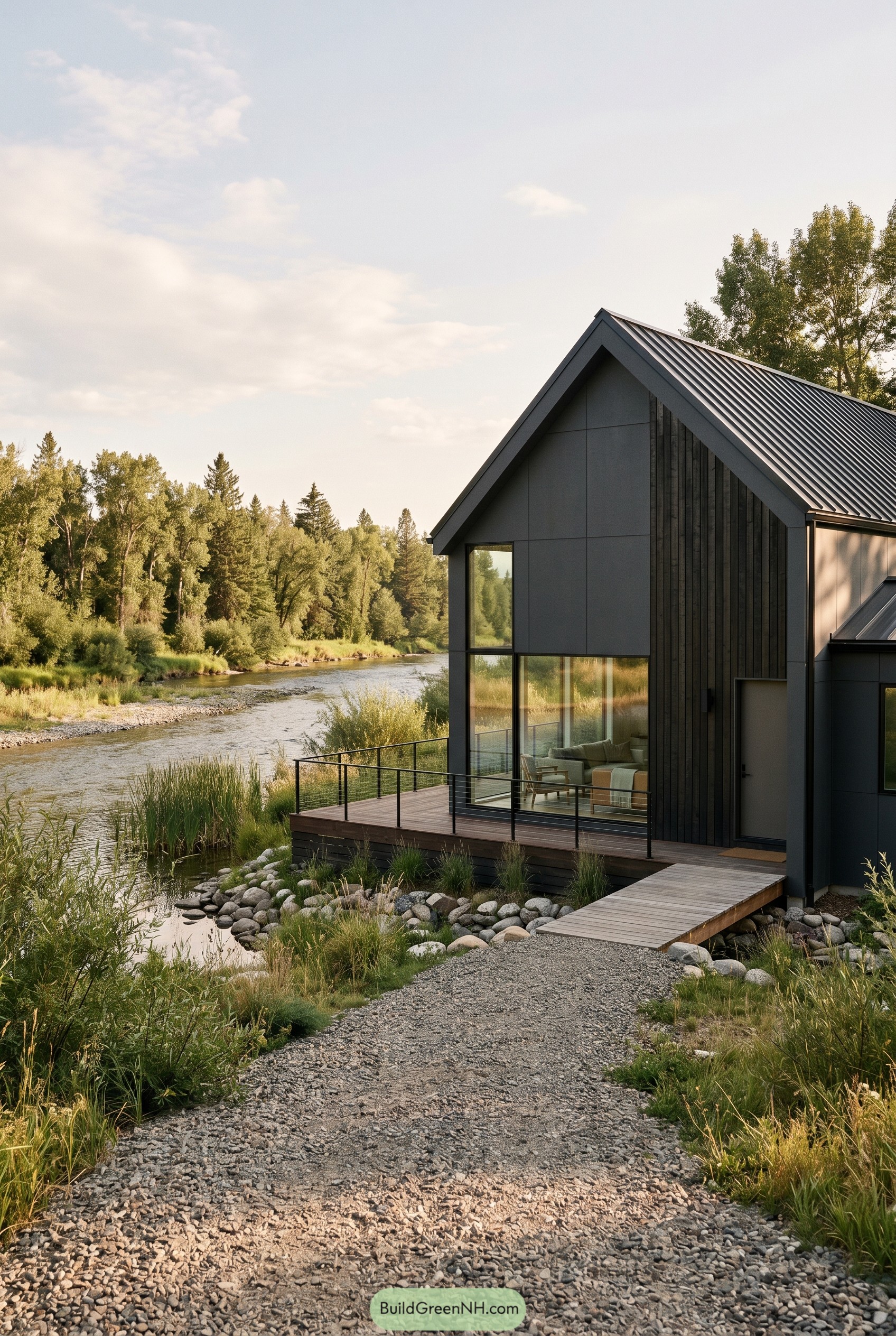 Charcoal gabled house beside a river