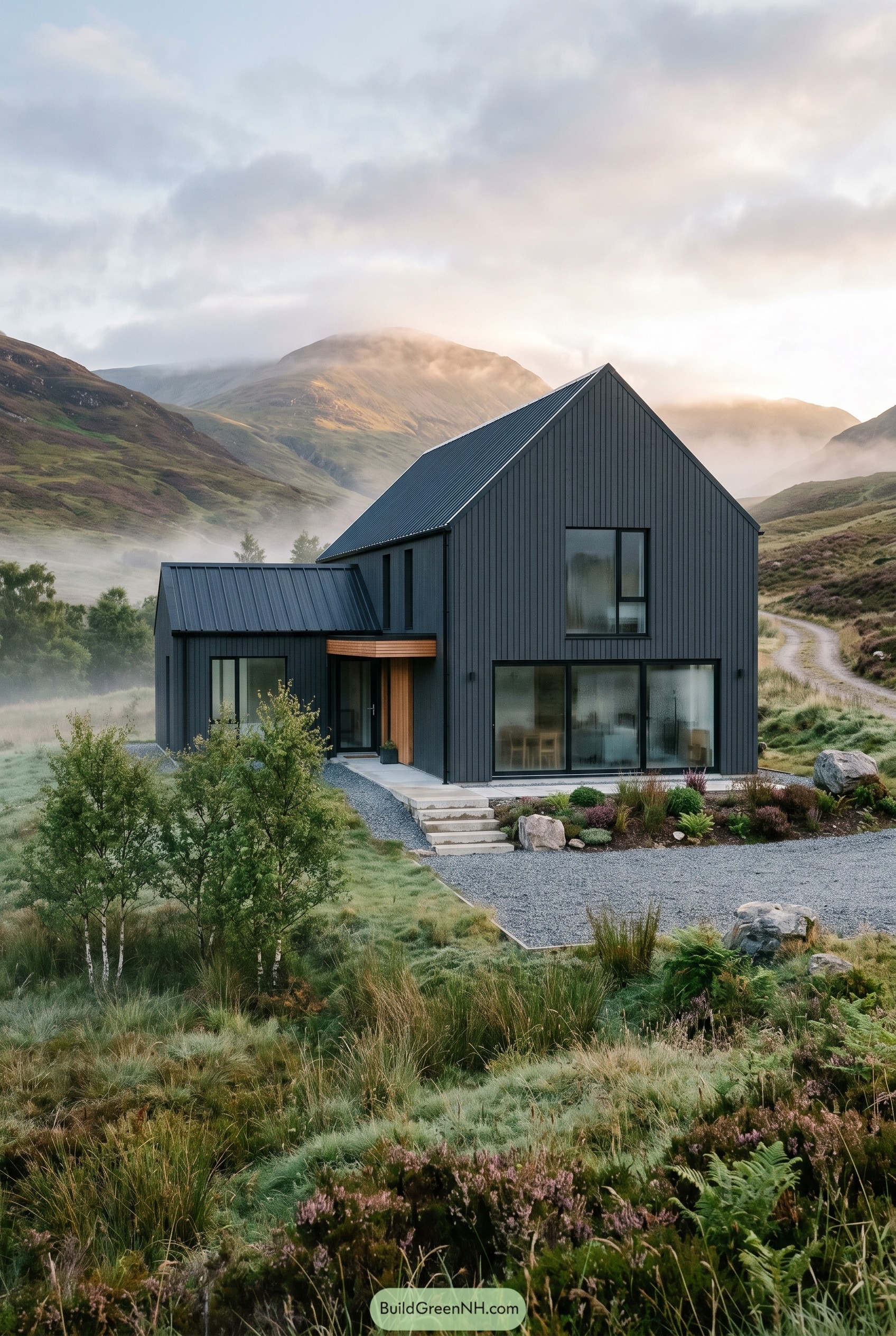 Charcoal gabled house in a misty mountain valley