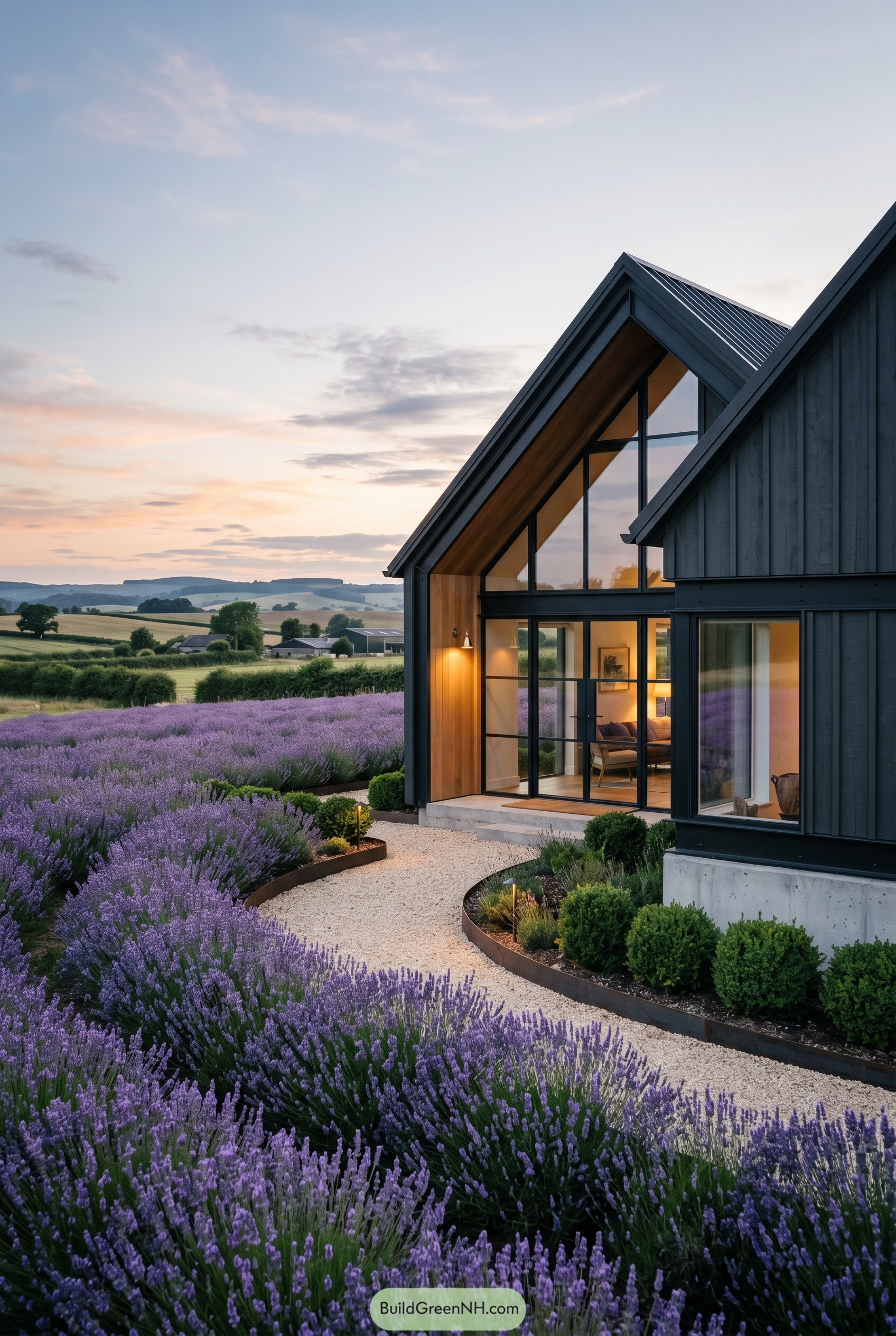 Charcoal gabled house beside blooming lavender fields