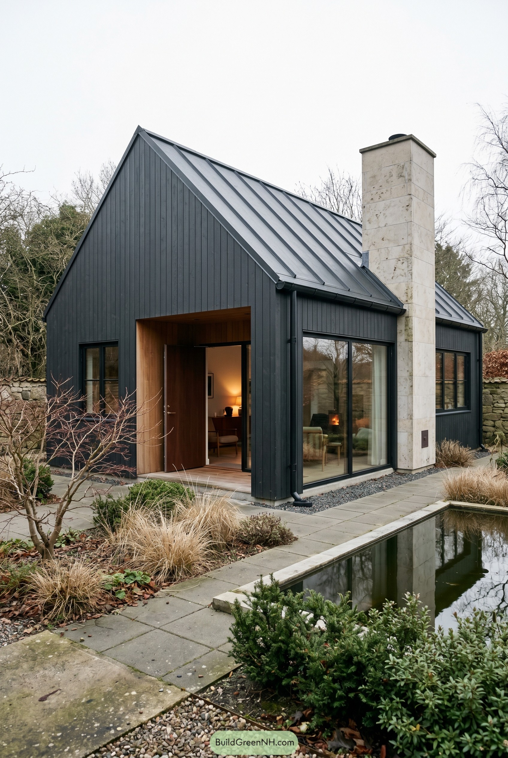 Dark gabled house with stone chimney and reflecting pond