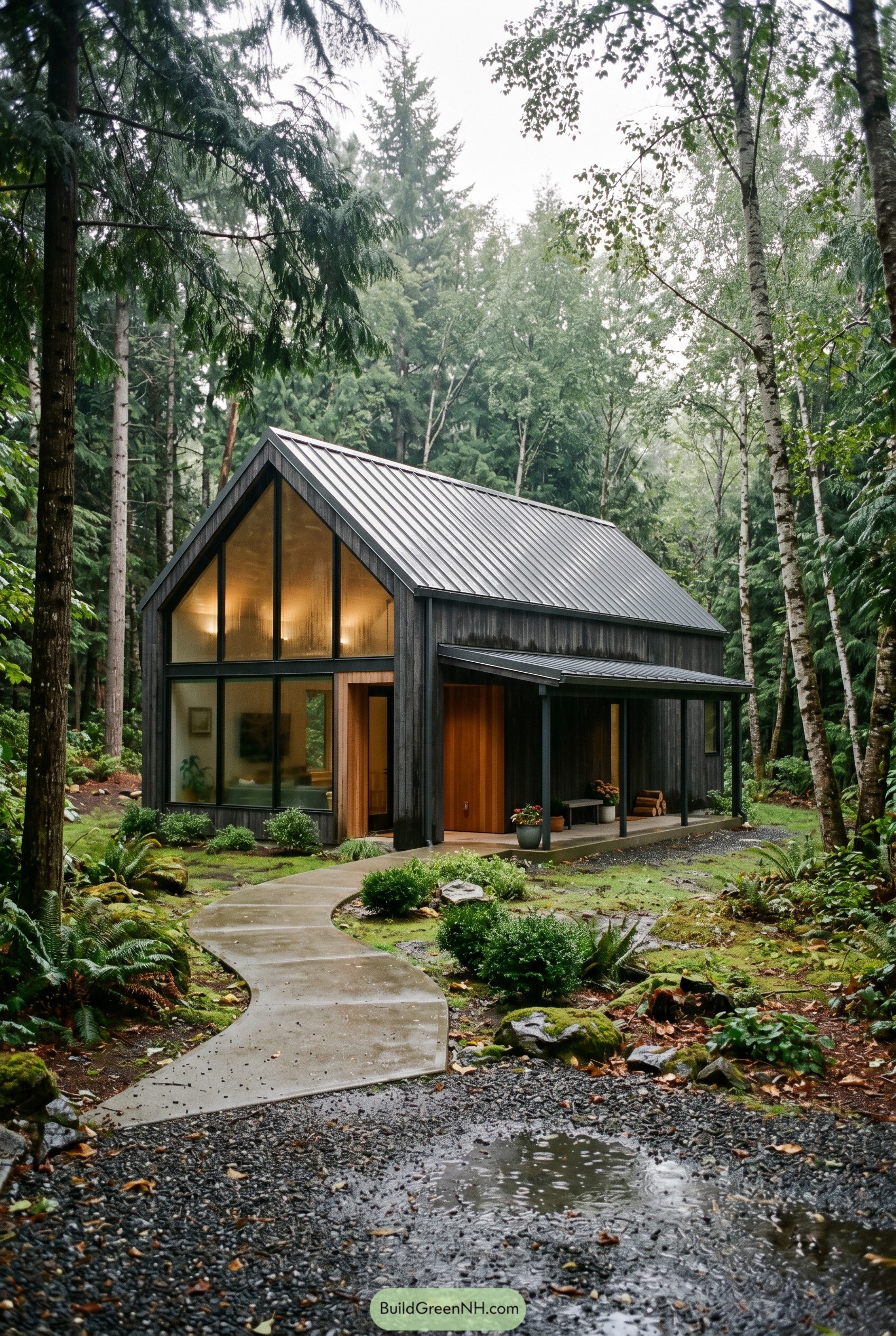 Charcoal gabled house in a wet forest