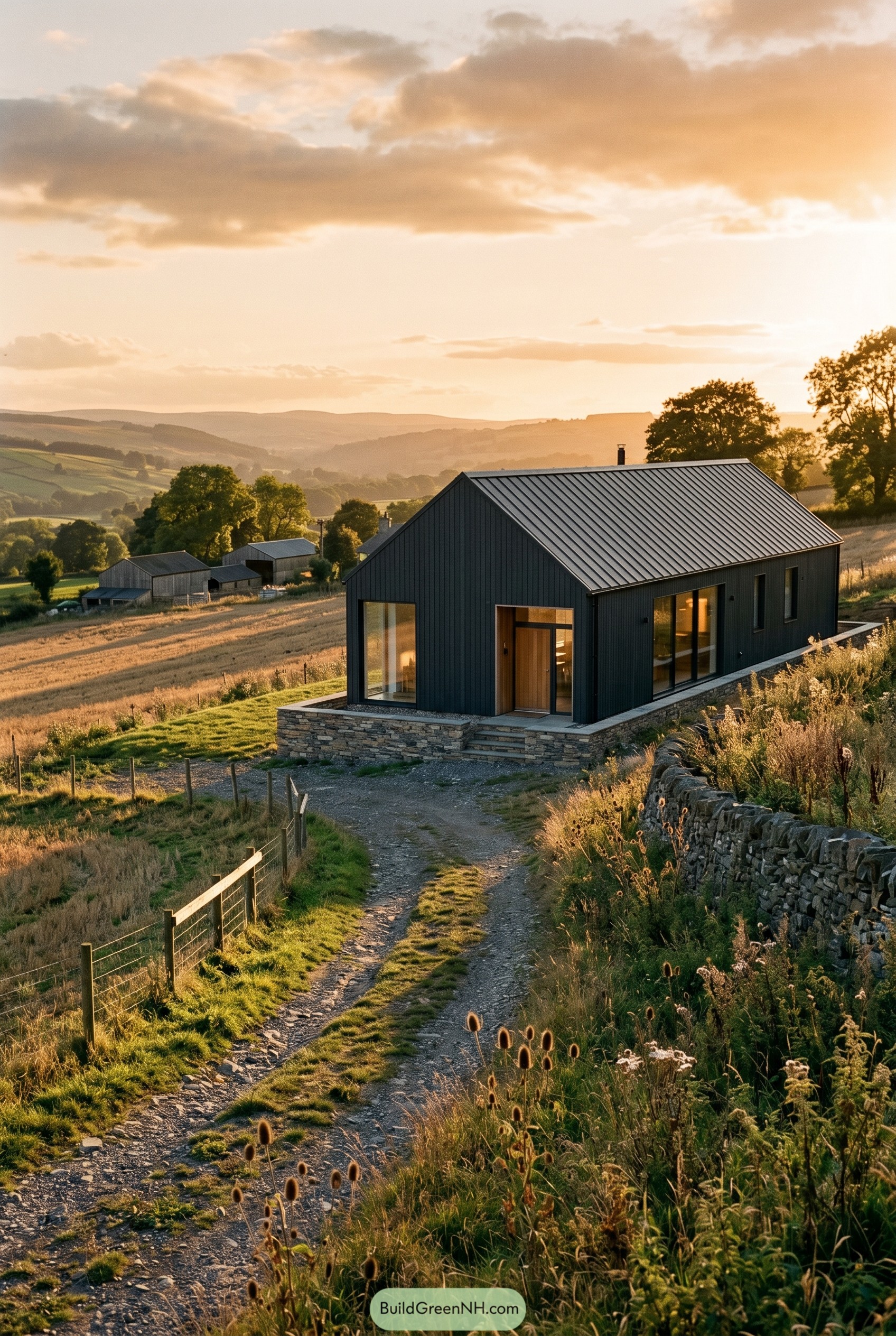 Charcoal gabled house on a rural hillside