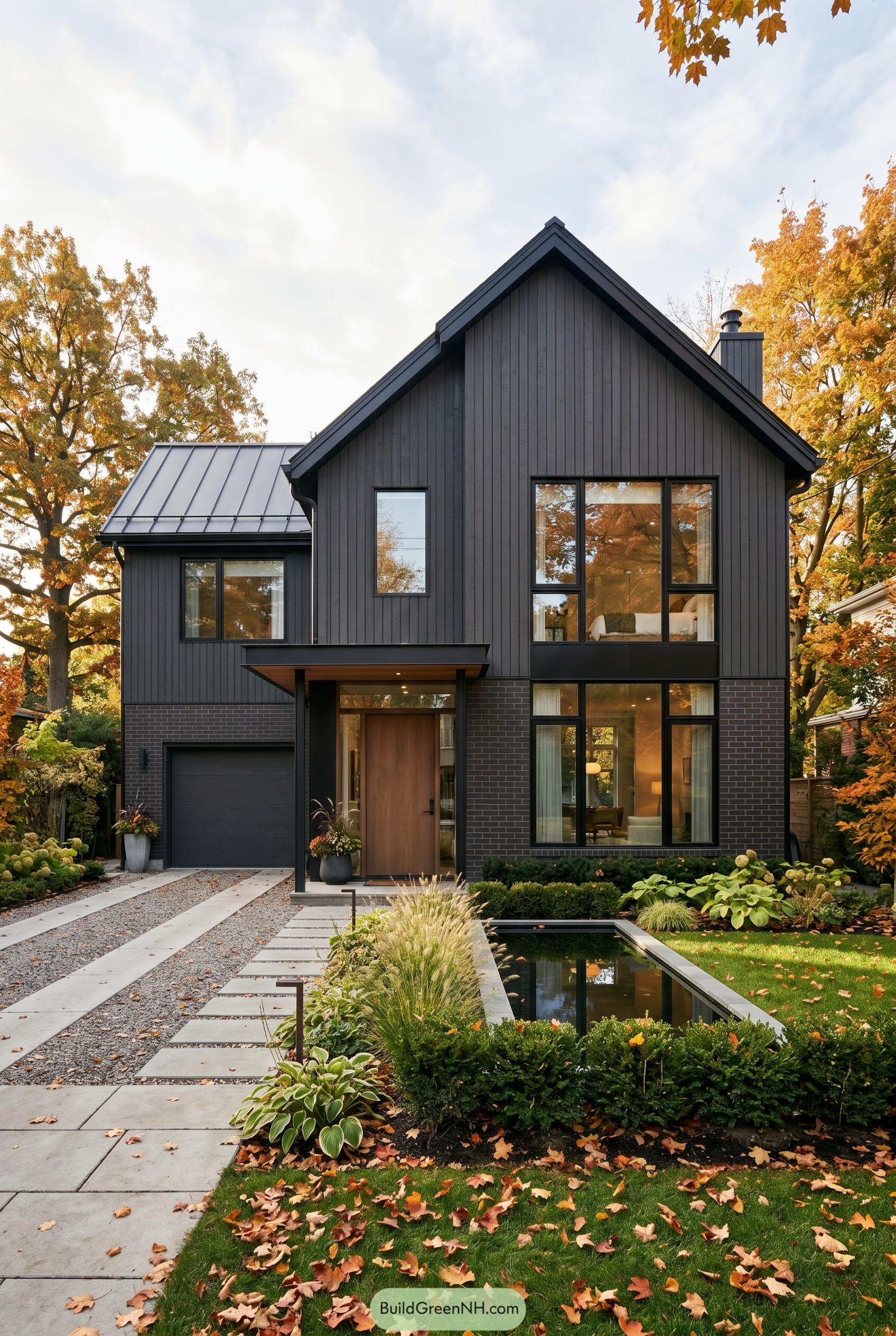 Charcoal gabled house with reflecting pool