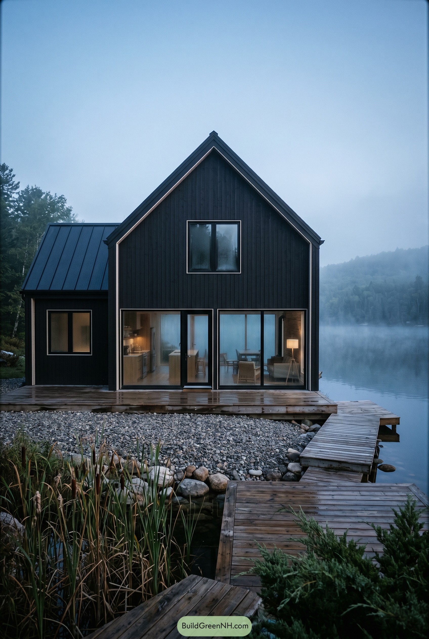 Charcoal gabled lakeside house with wooden dock
