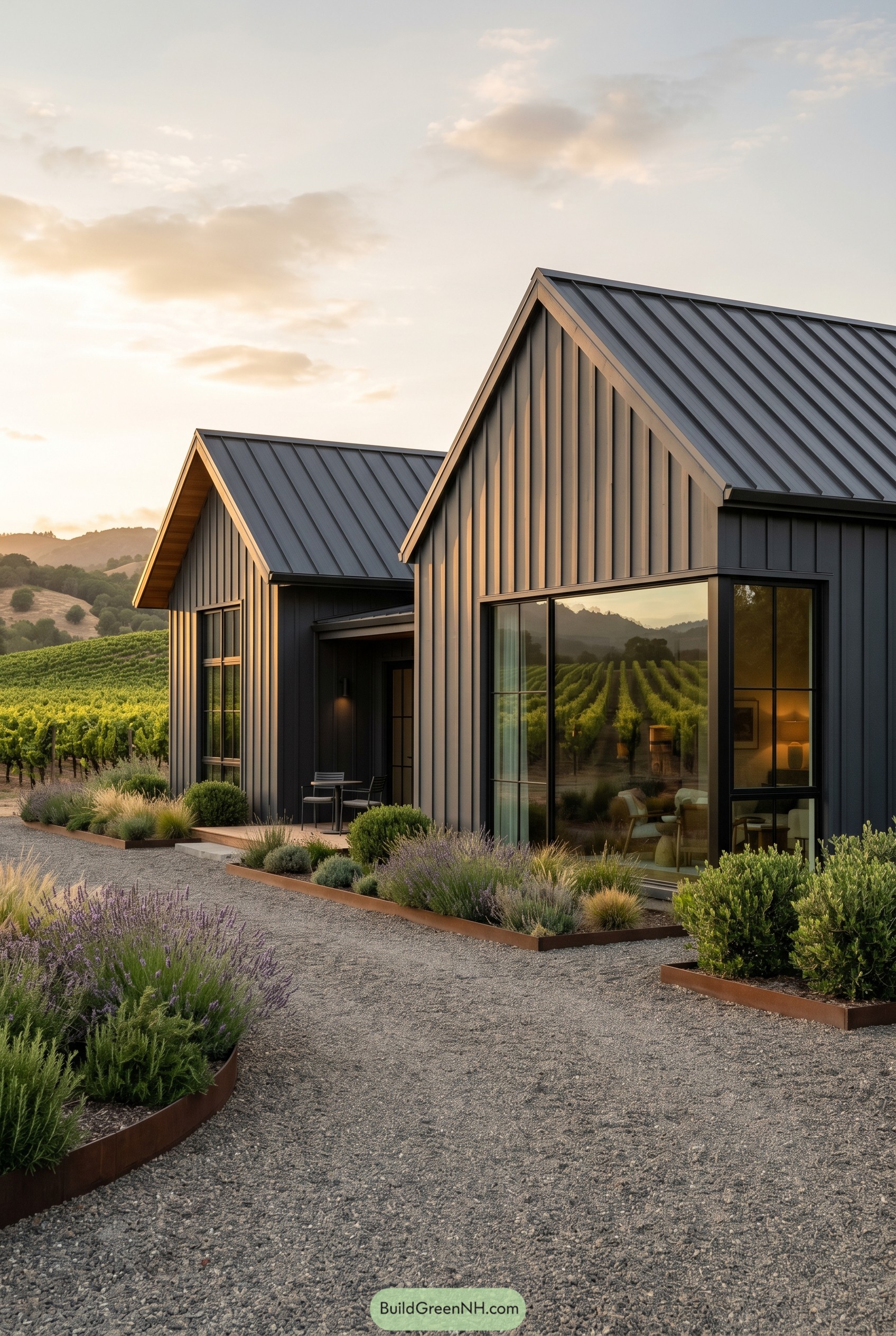 Charcoal gabled home by vineyard rows