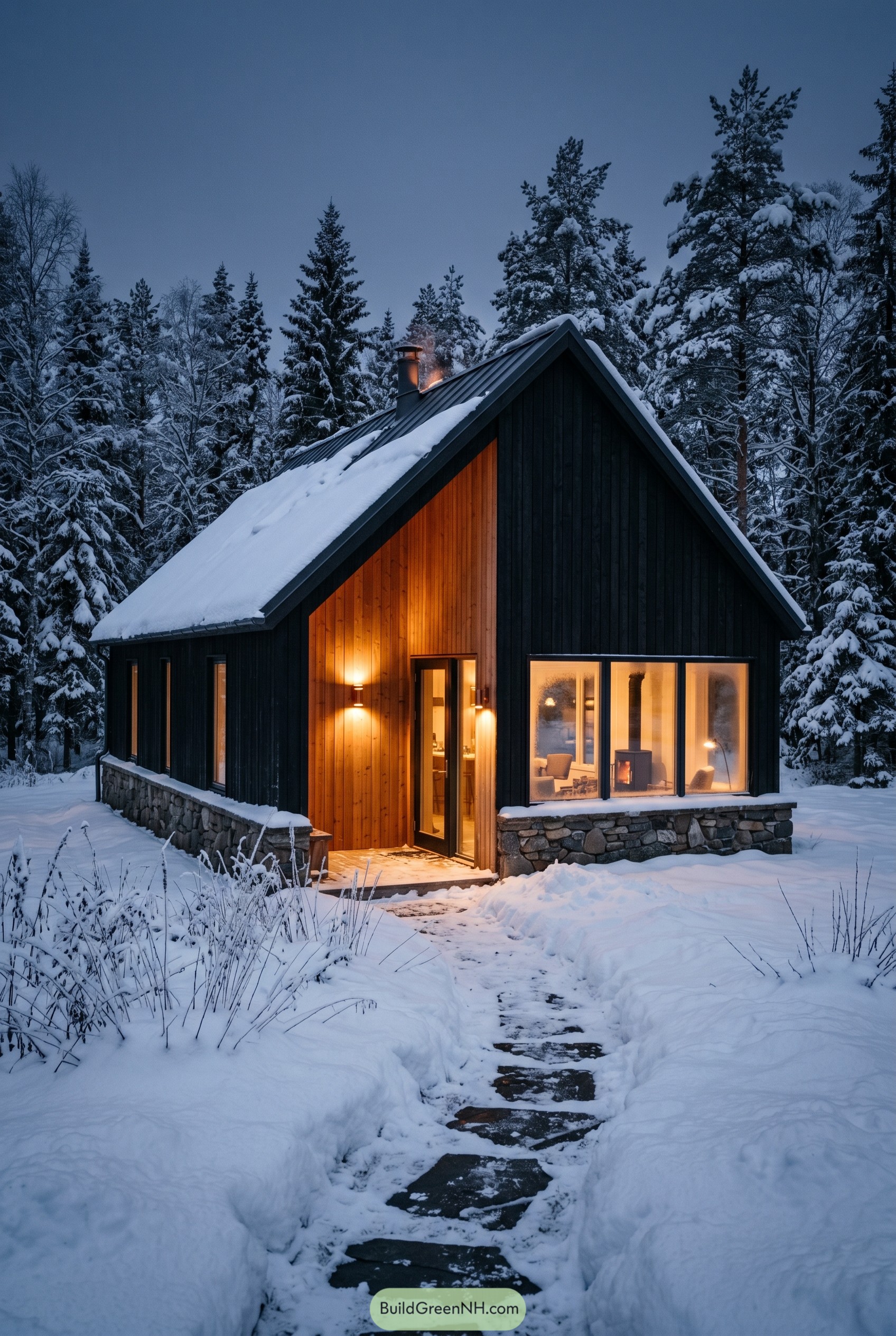 Black gabled cabin with cedar entry in snow