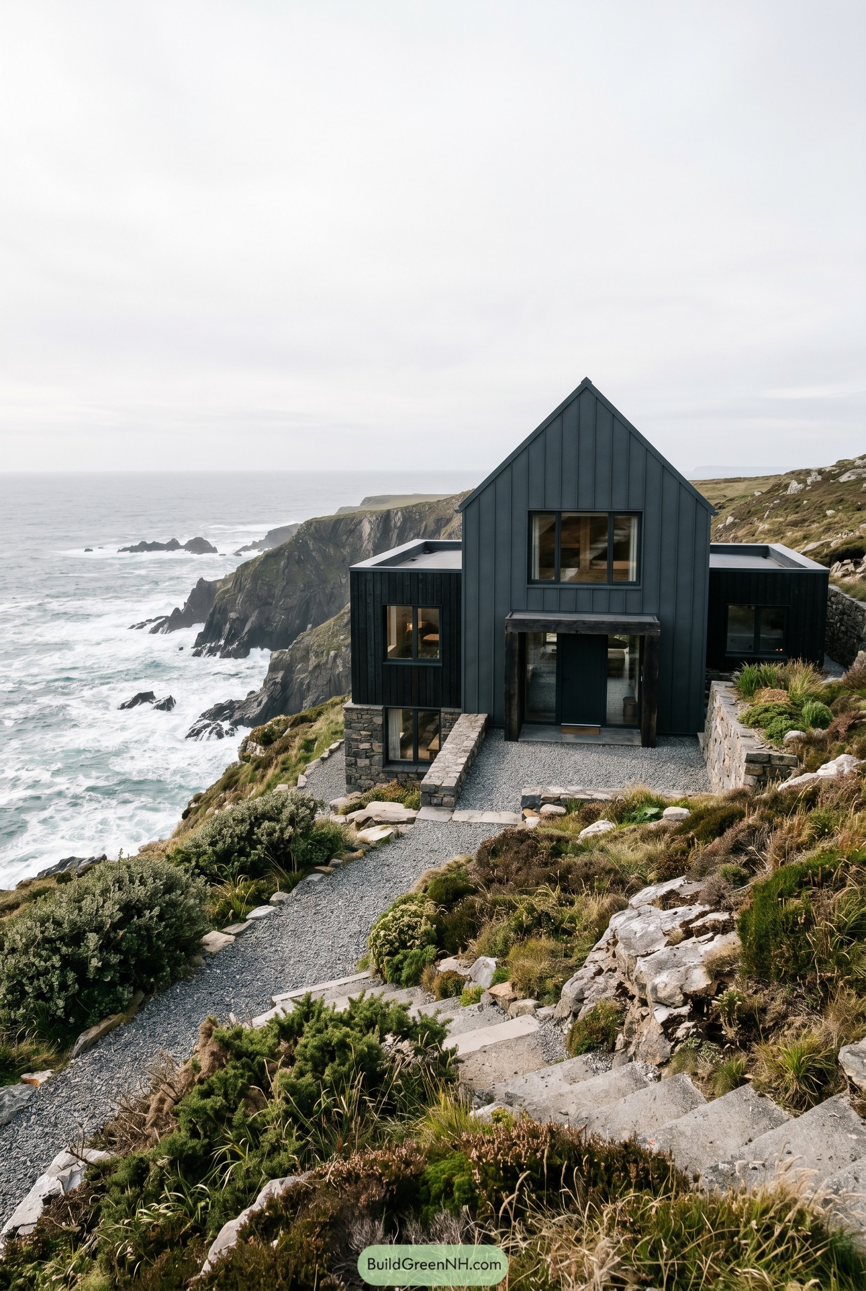 Charcoal gabled house on a rocky sea cliff