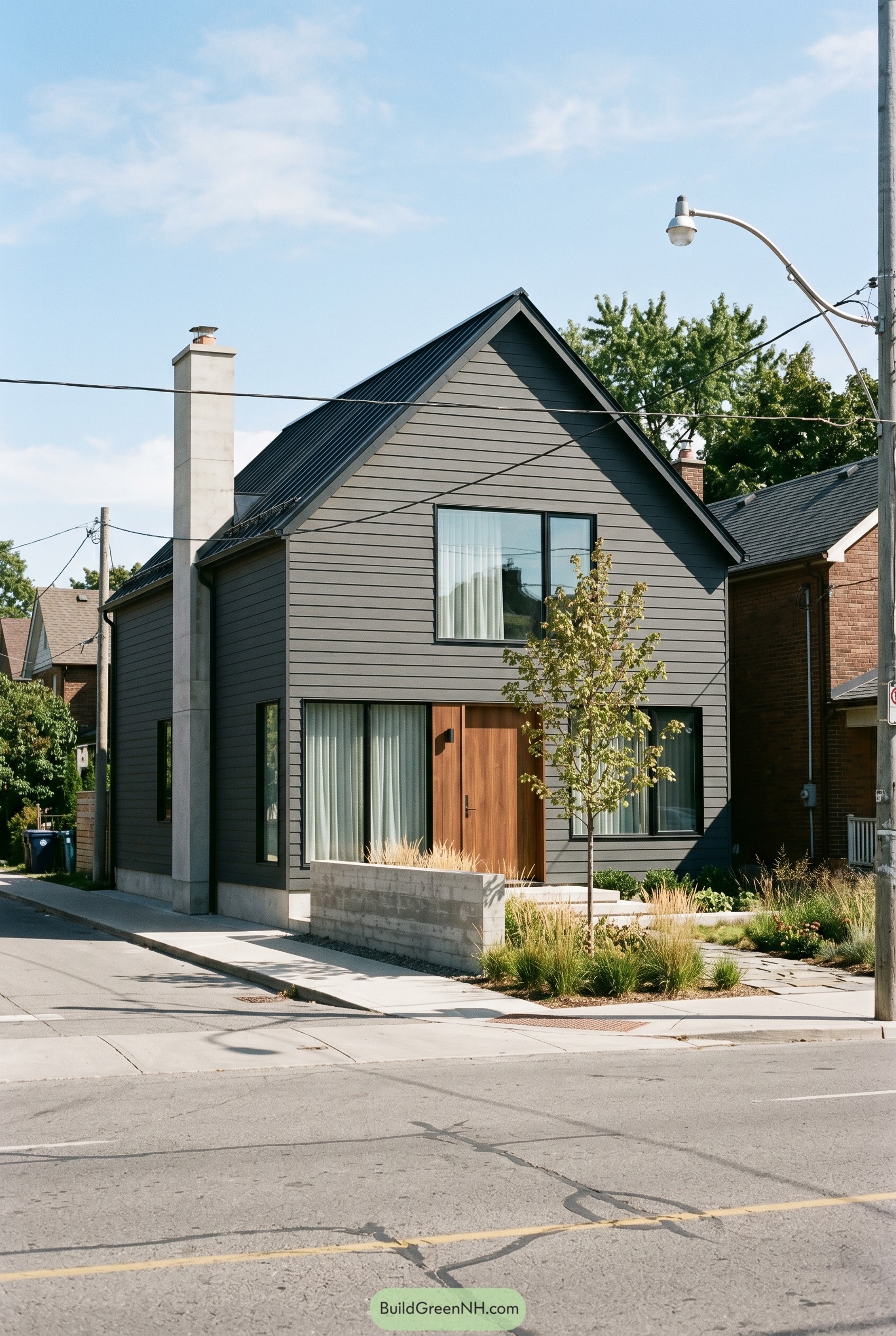 Dark gray gabled house with wood entry